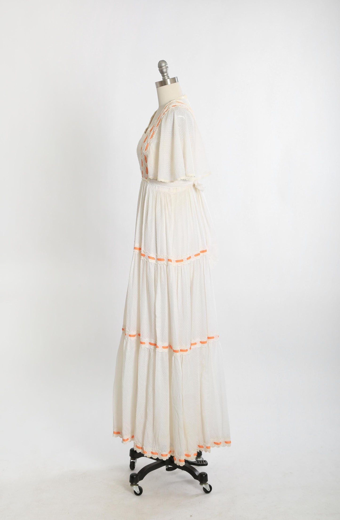 Vintage 70s white cotton Swiss got orange maxi dress