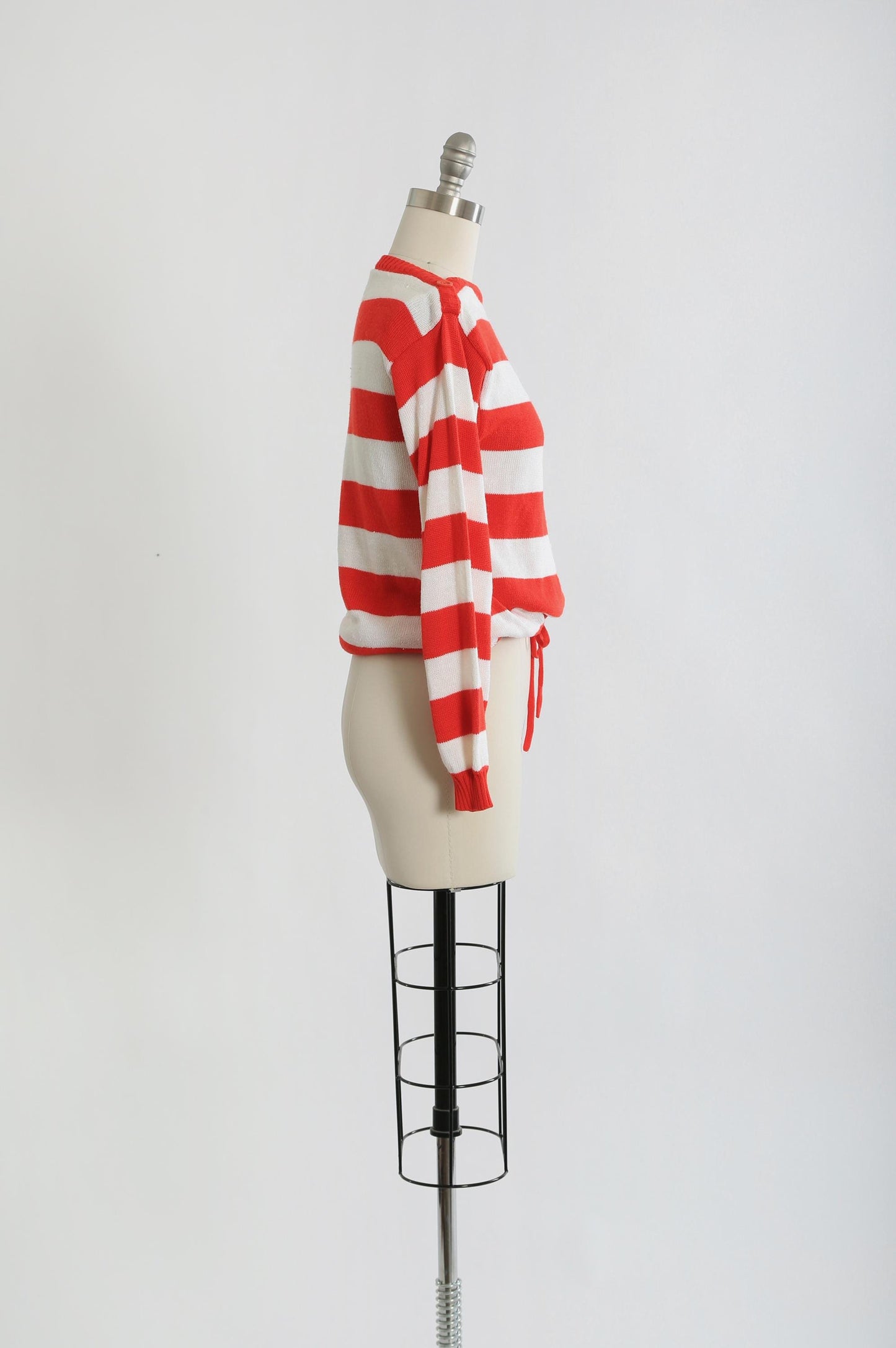 70s red striped knit draw string sweater
