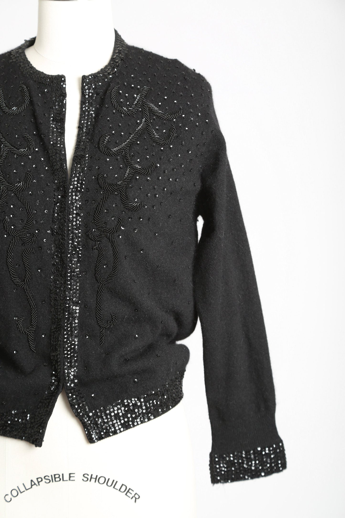 Sequin lambswool cardigan | Vintage 50s black sequin knit cardigan | 1950s Cyn Less angora beaded sweater