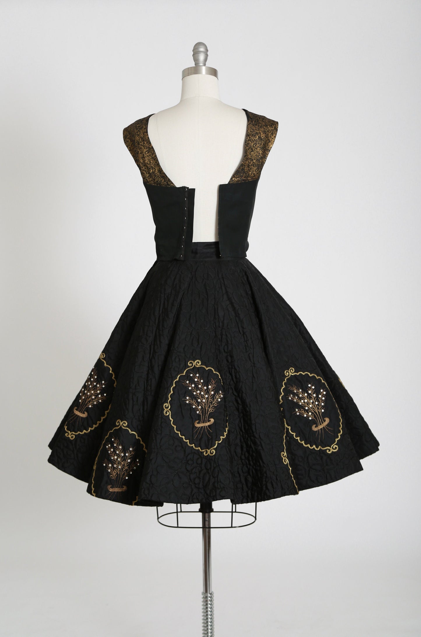 50s quilted gold circle skirt | Vintage 1950s metallic gold floral crop top 2pc skirt set