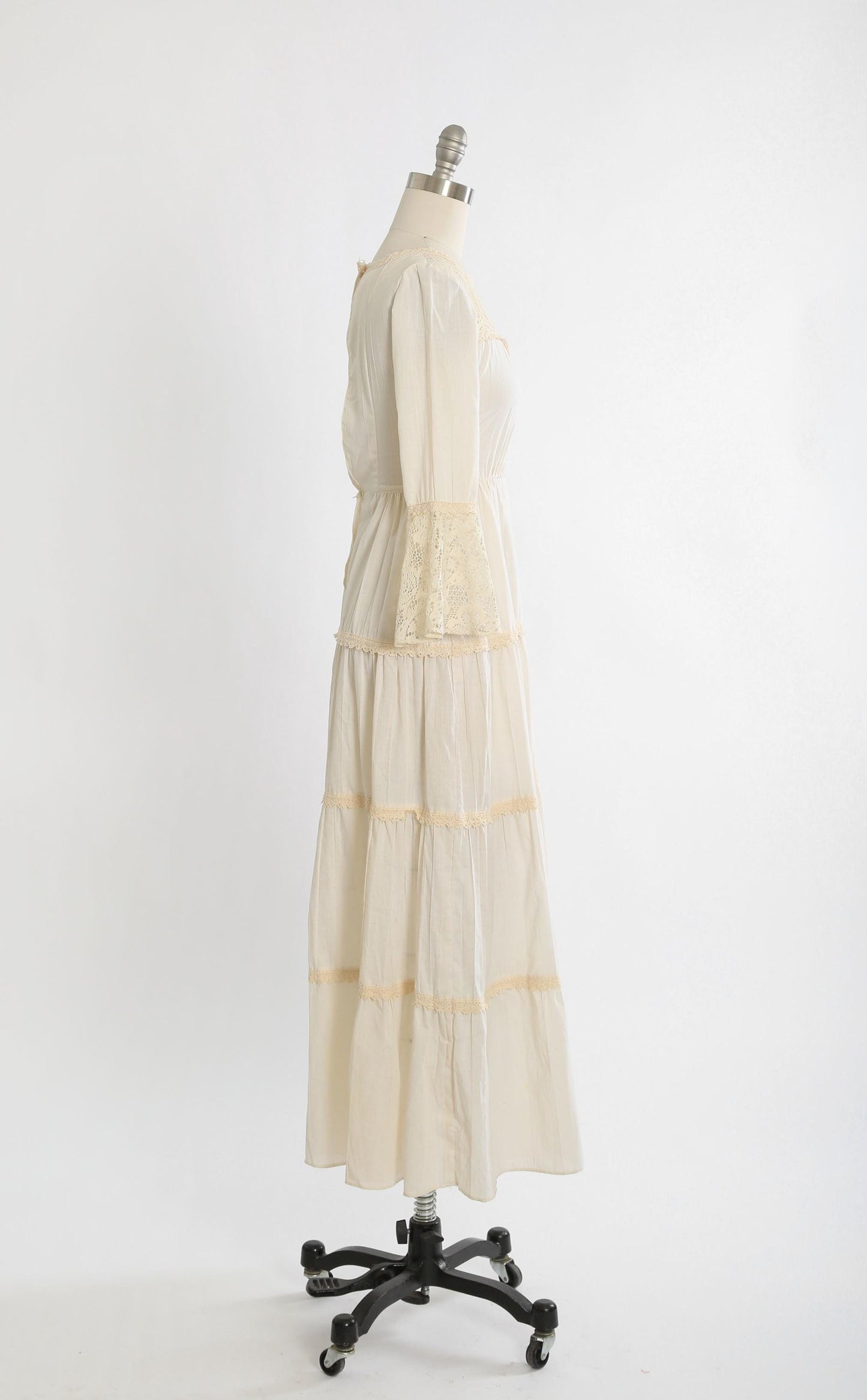 Peasant cotton gauze dress | Vintage 70s bell sleeve cotton gauze maxi dress | 1970s boho crochet cotton gauze dress