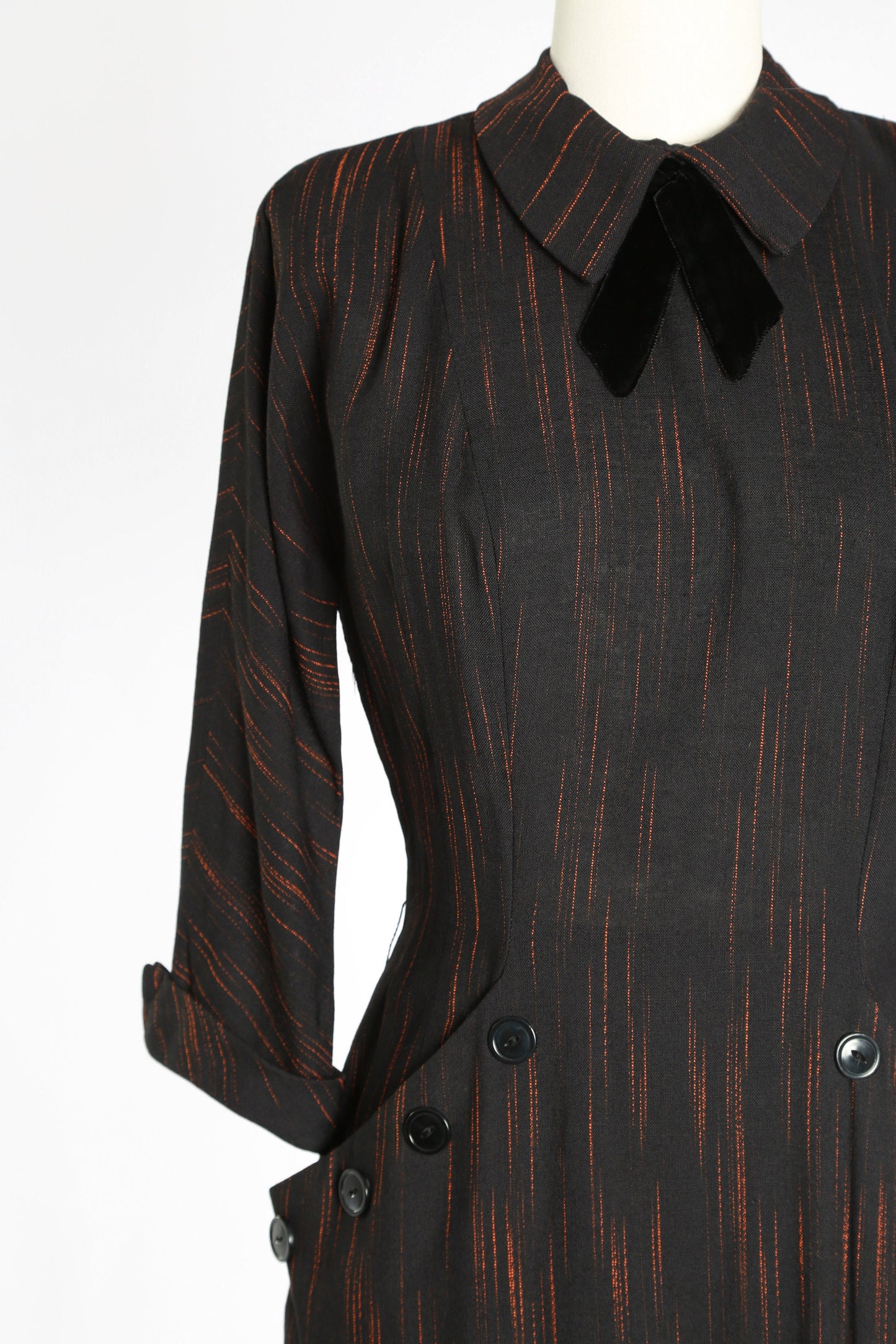 Vintage 40s 50s black & orange embroidered ascot bow dress