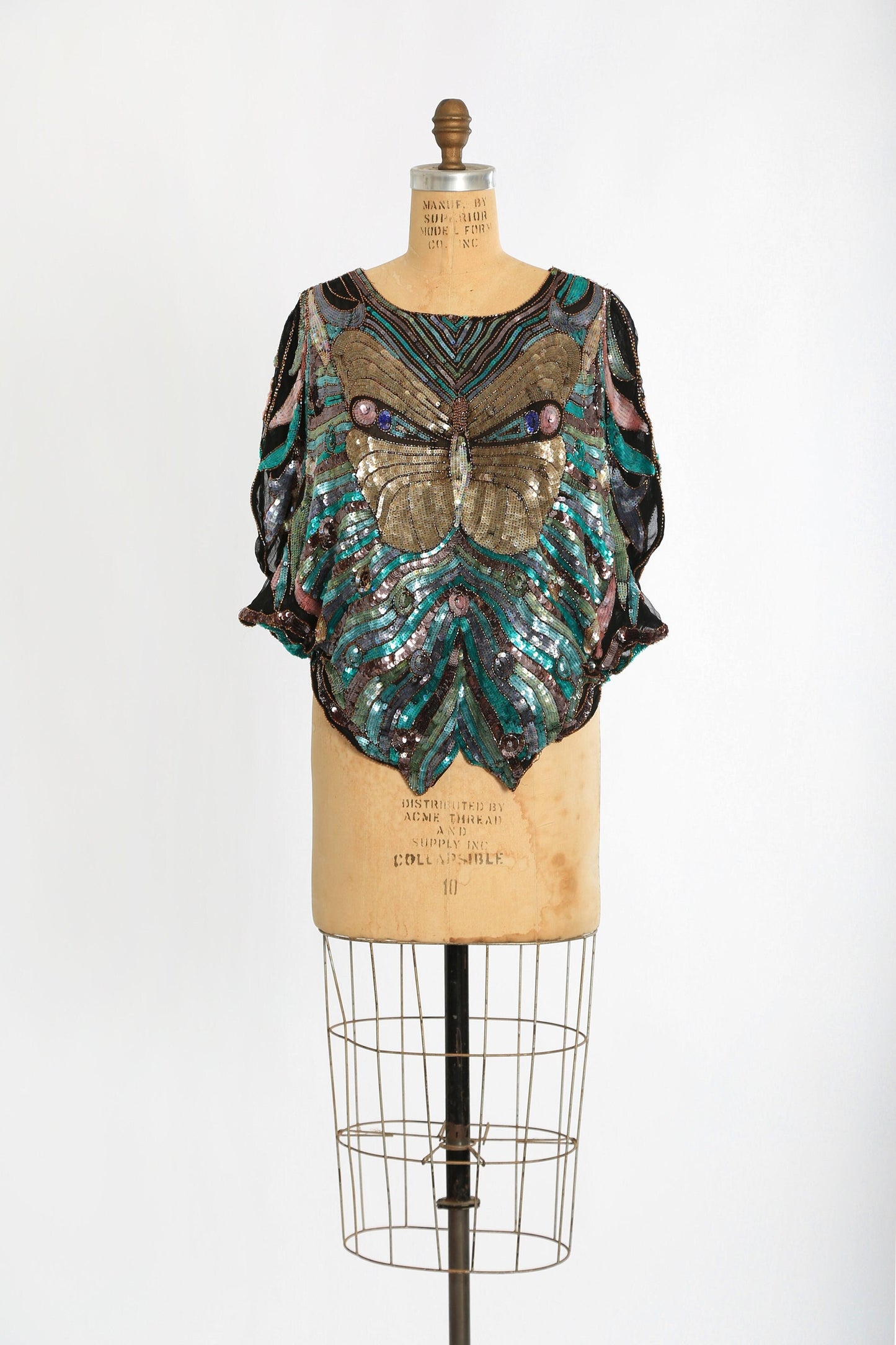 Butterfly silk blouse | Vintage 70s beaded sequin butterfly face blouse