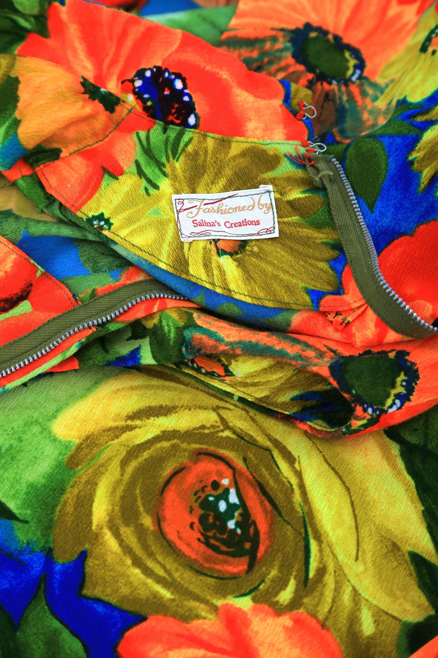 Vintage 1960s 70s Neon floral barkcloth maxi dress