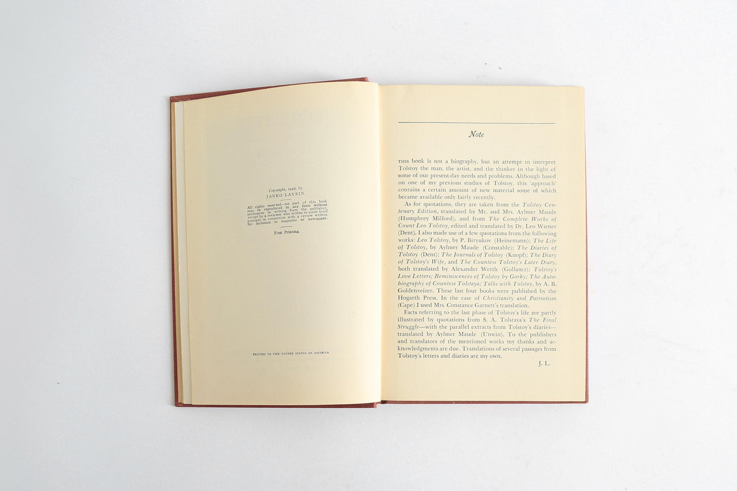 1946 Tolstoy an approach by Janko Lavrin book