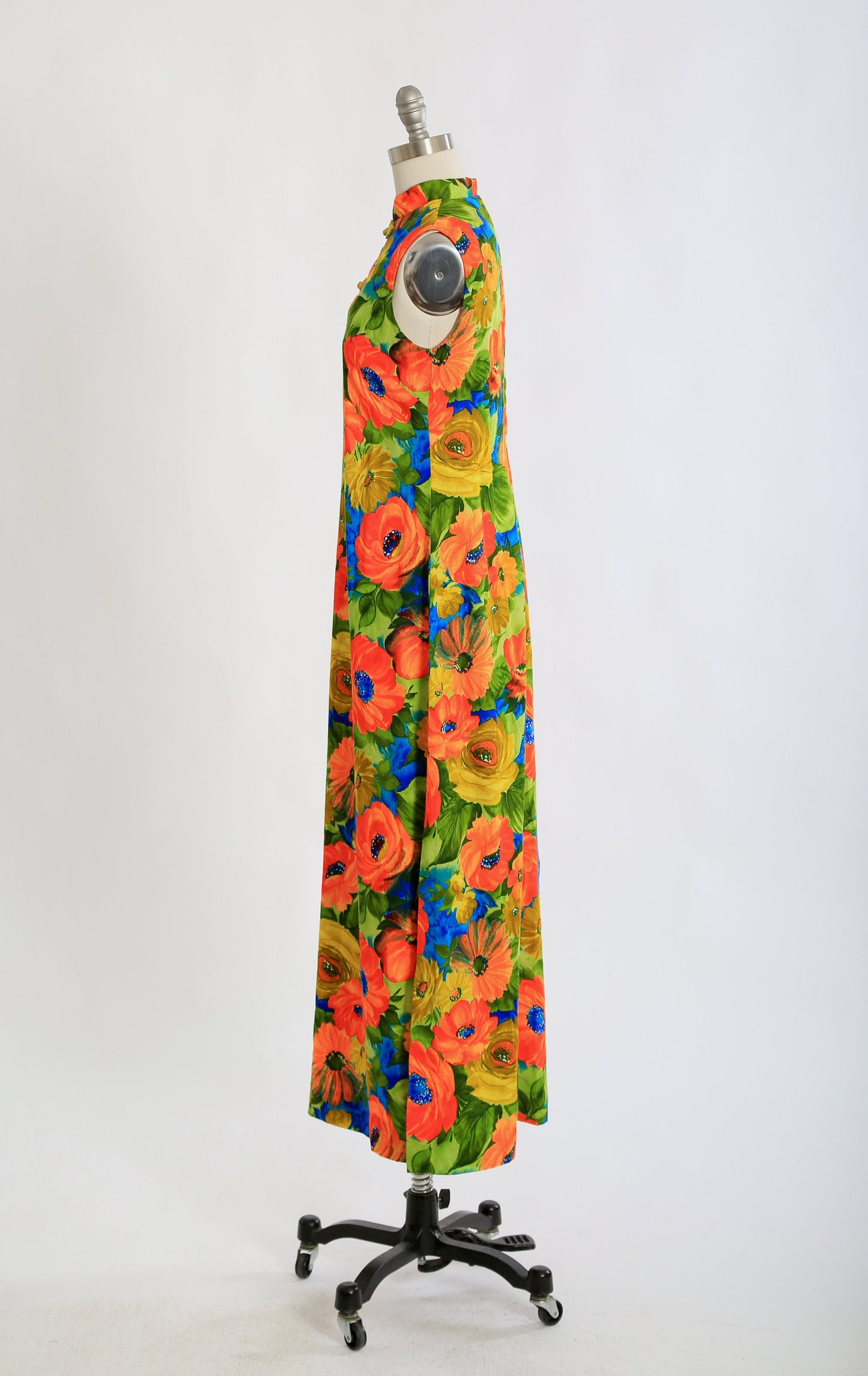 Vintage 1960s 70s Neon floral barkcloth maxi dress