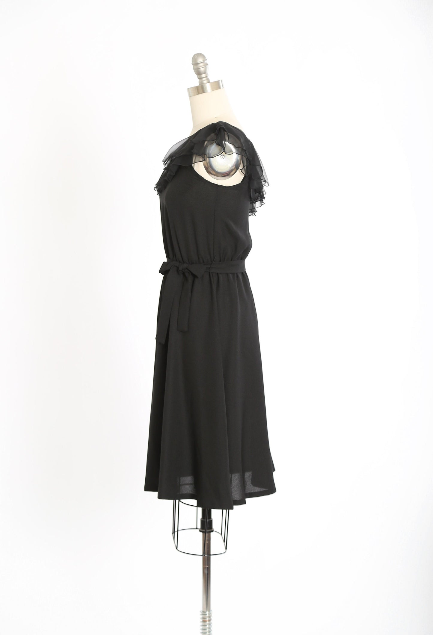 Vintage 70s one shoulder black ruffle mini dress