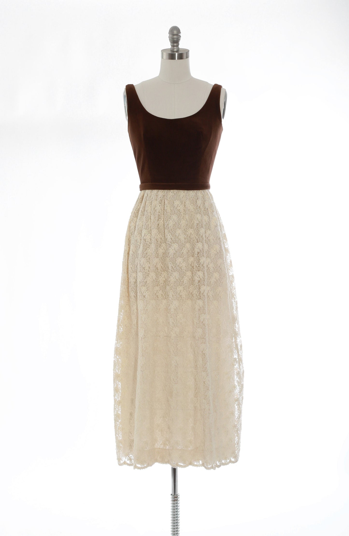 Lanz floral dress | vintage 70s brown velvet embroidered maxi dress | 1970s cream floral maxi dress