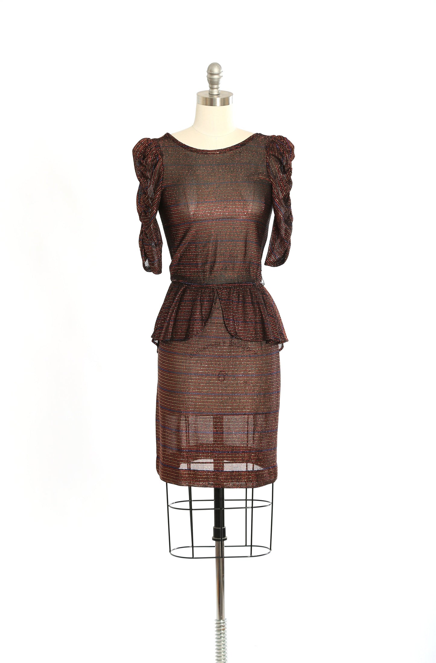 Vintage 70s semi sheer striped lurex peplum dress