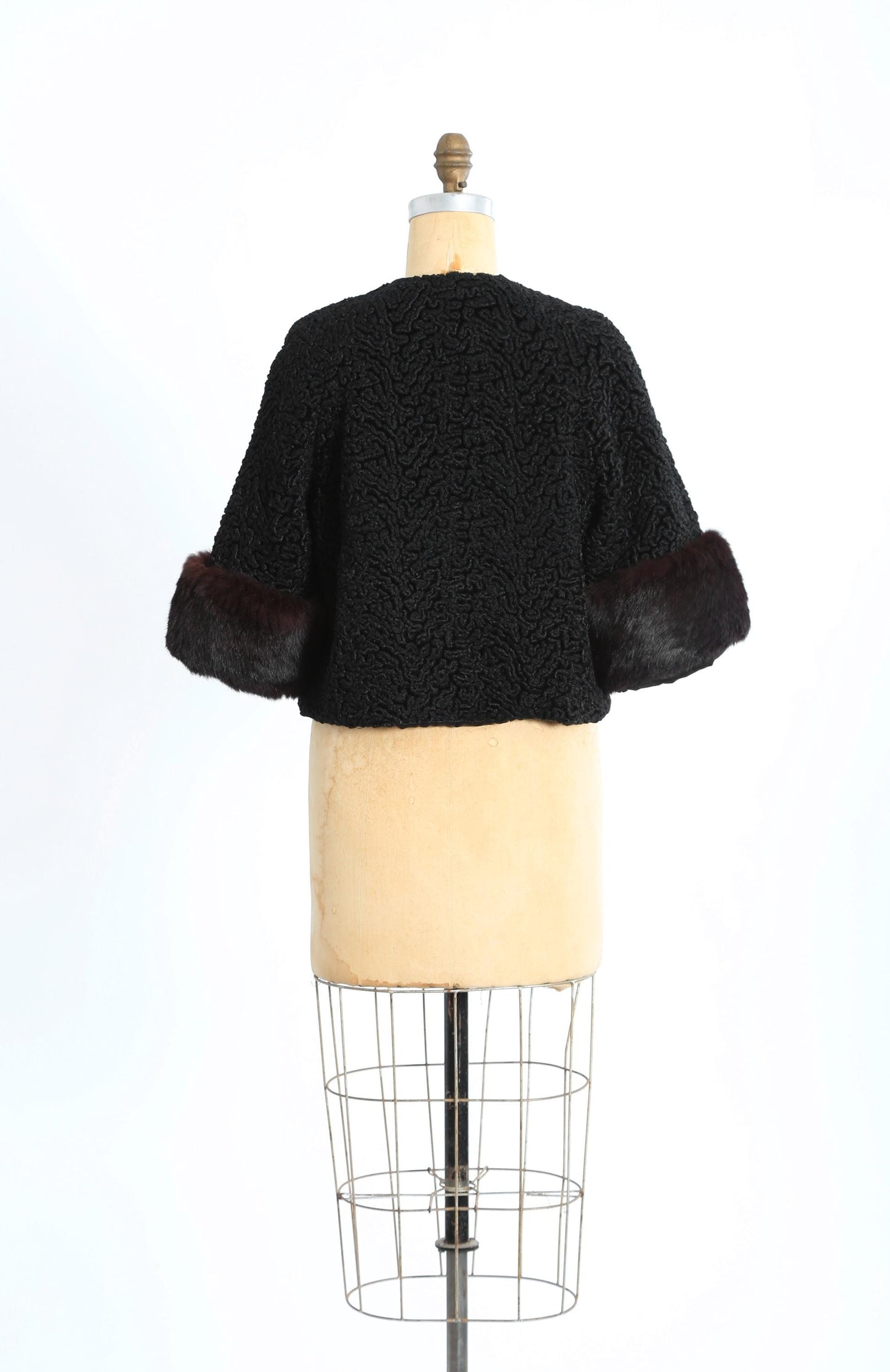 50s faux Persian lamb rabbit fur coat | Vintage 1950s cropped black faux Persian curly Lamb coat + large rabbit fur cuffs