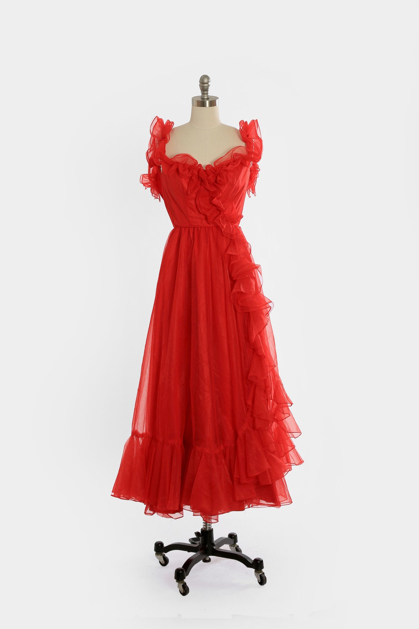 Vintage 70s red ruffle chiffon gown dress