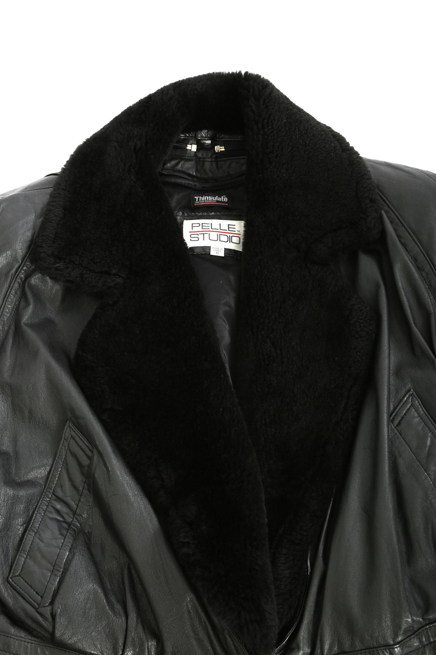 Vintage 90s black leather sherpa fur collar jacket