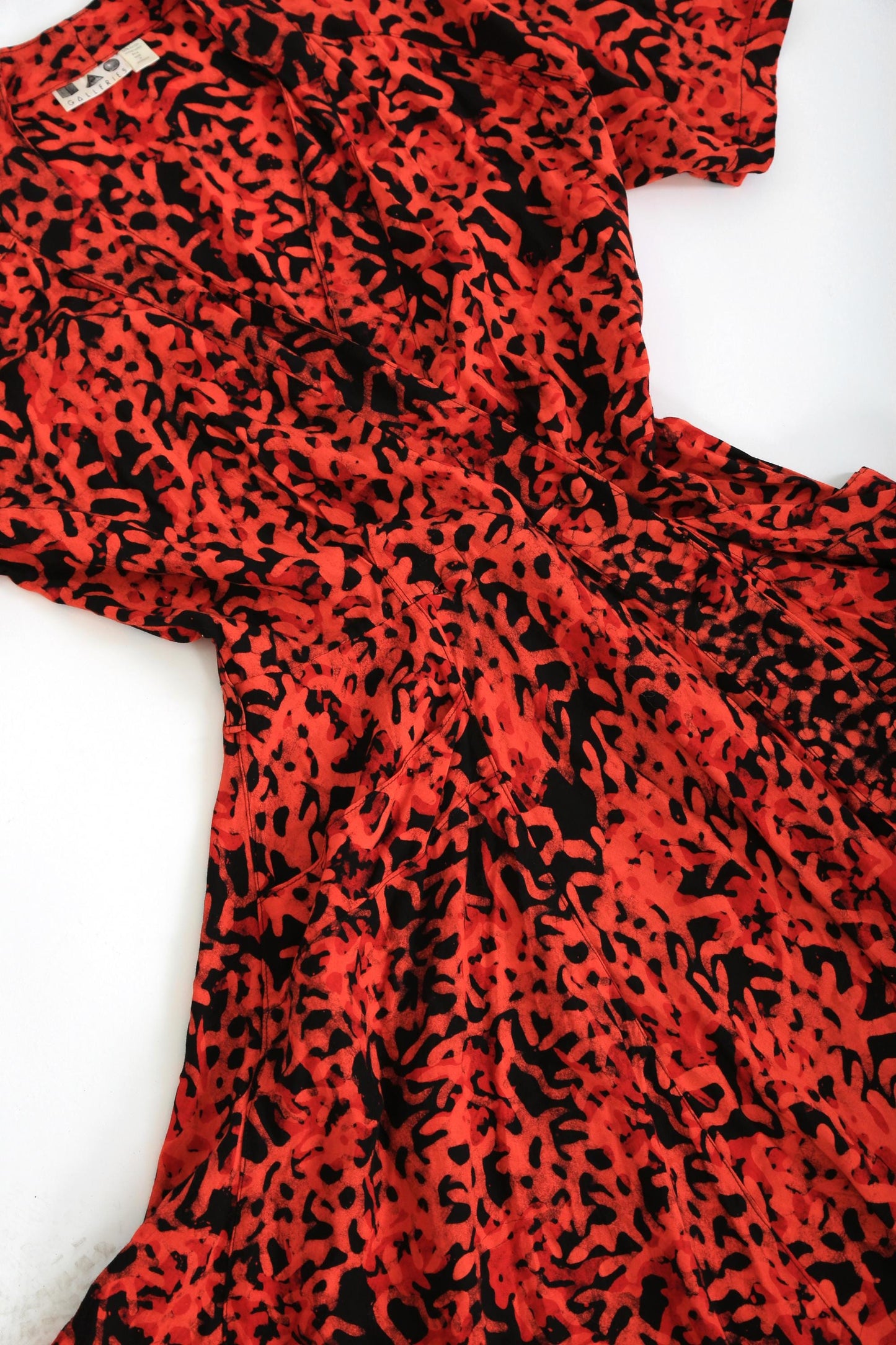 80s Coral hand stamped batik tropical wrap dress