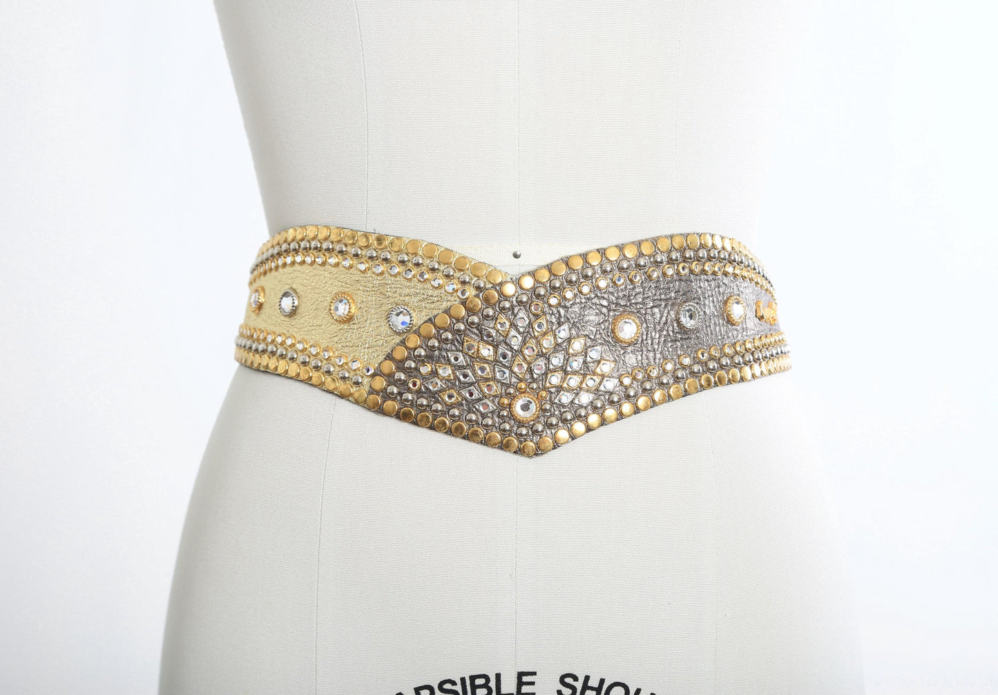 Vintage 80s Kippys gold & silver leather studded Rhinestone kidney belt