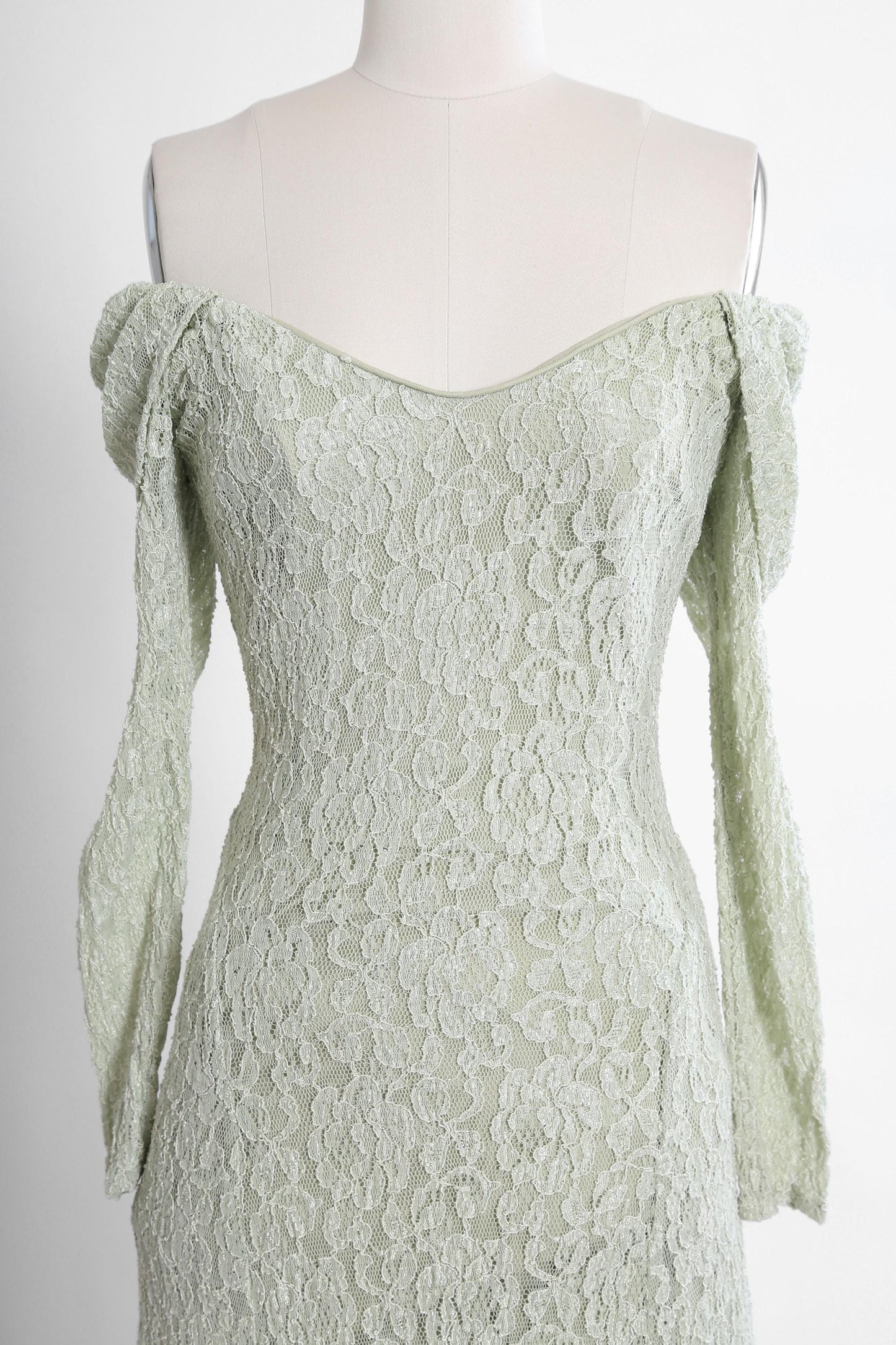 Vintage 90s Mint green floral lace off the shoulder bodycon maxi dress