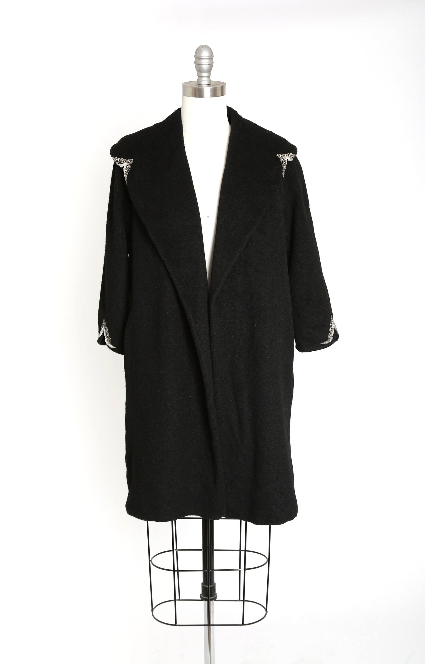 40s beaded coat | Vintage 40s black mohair wool coat | 1940s hand beaded swing coat