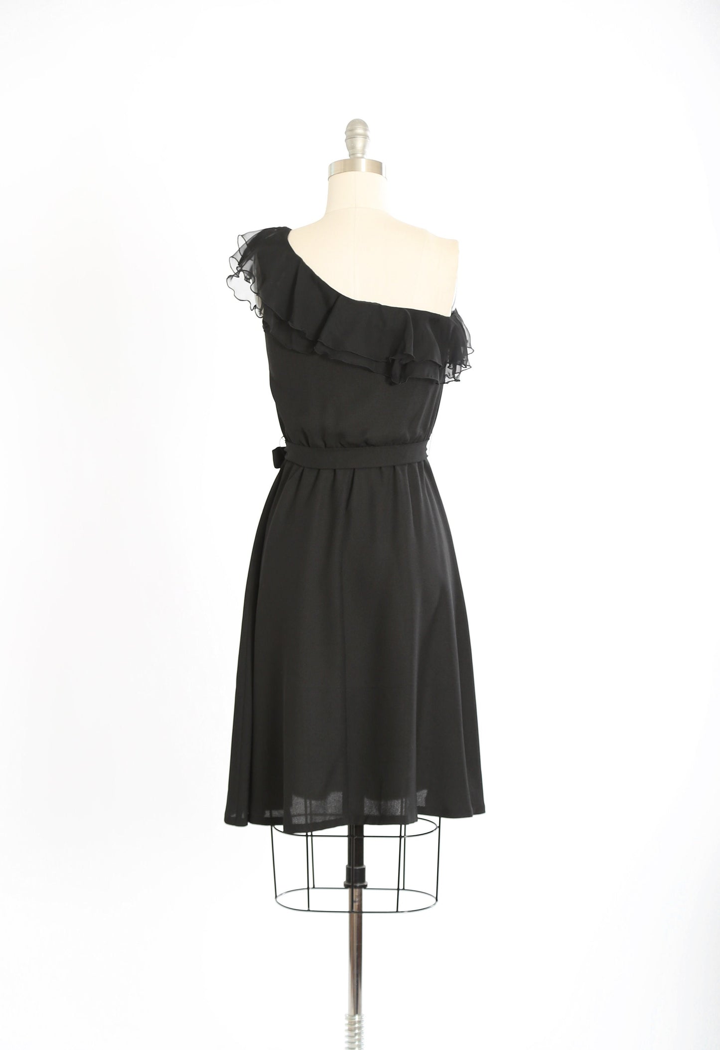 Vintage 70s one shoulder black ruffle mini dress