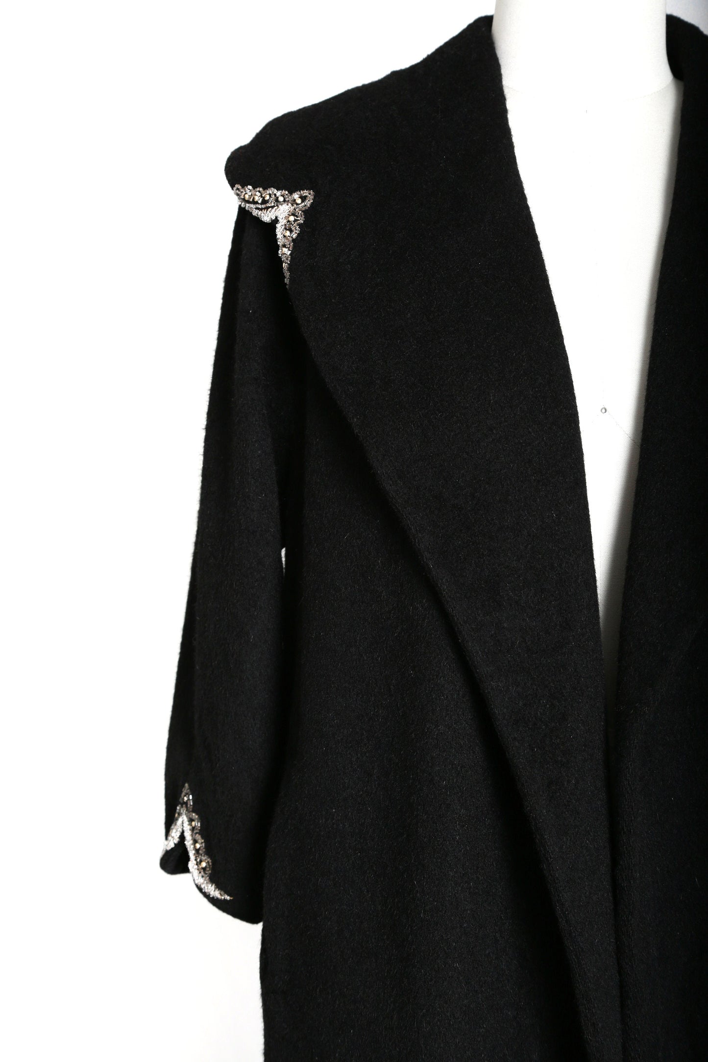 40s beaded coat | Vintage 40s black mohair wool coat | 1940s hand beaded swing coat