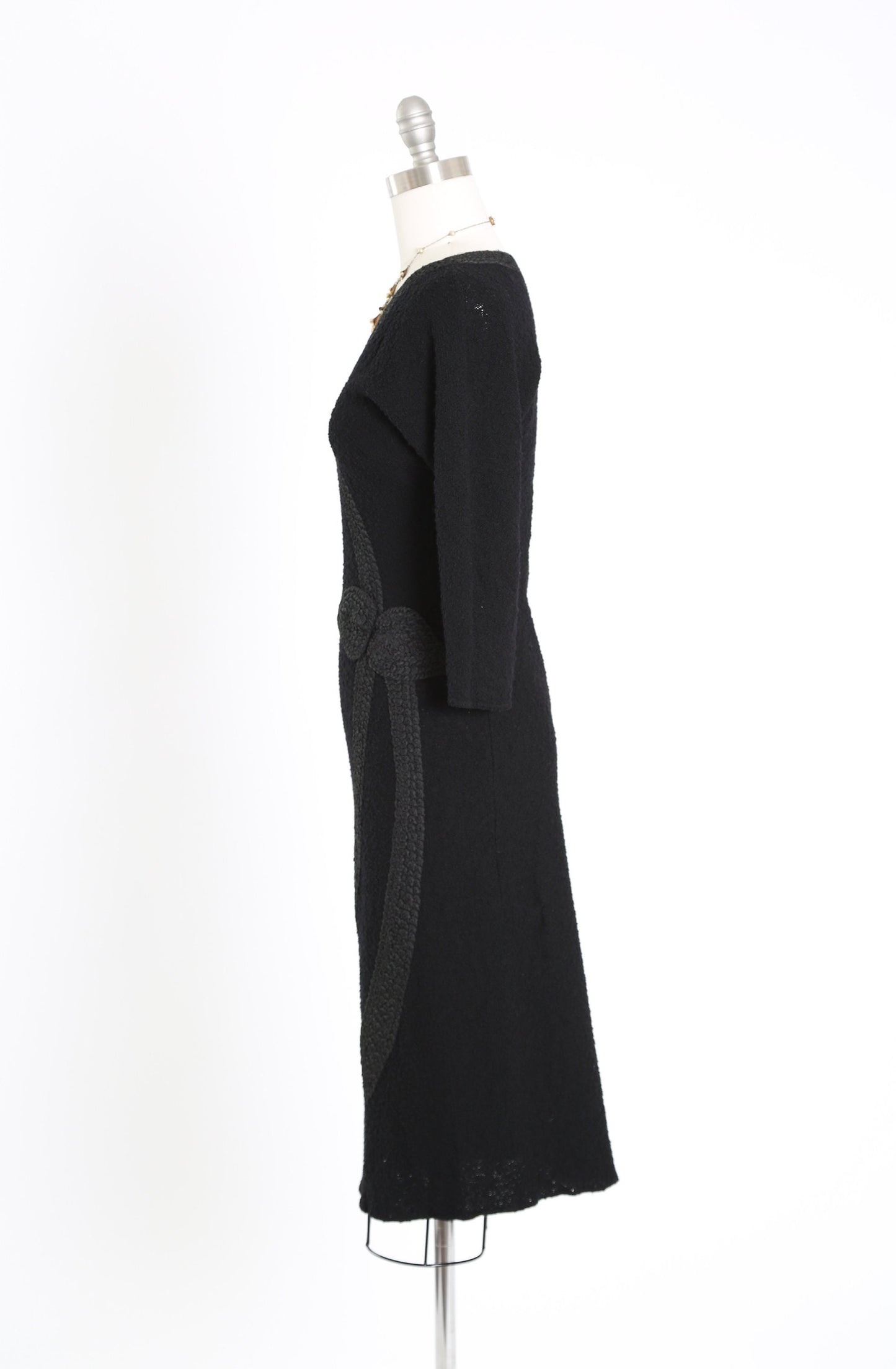 Vintage 40s black knit dress | 1940s crochet ribbon dress