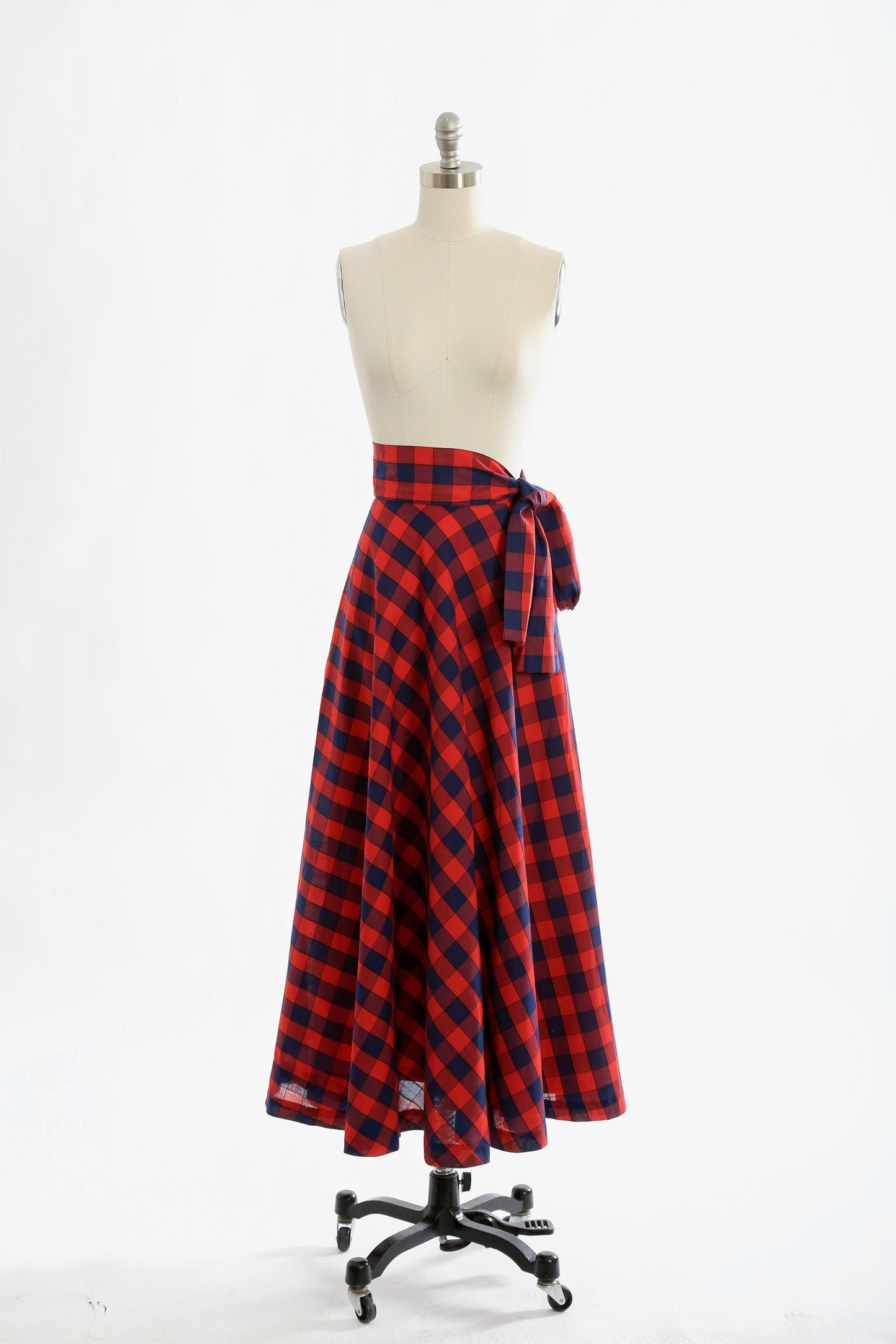 60s Anne Klein maxi skirt | Vintage 1960s red + blue plaid bow skirt