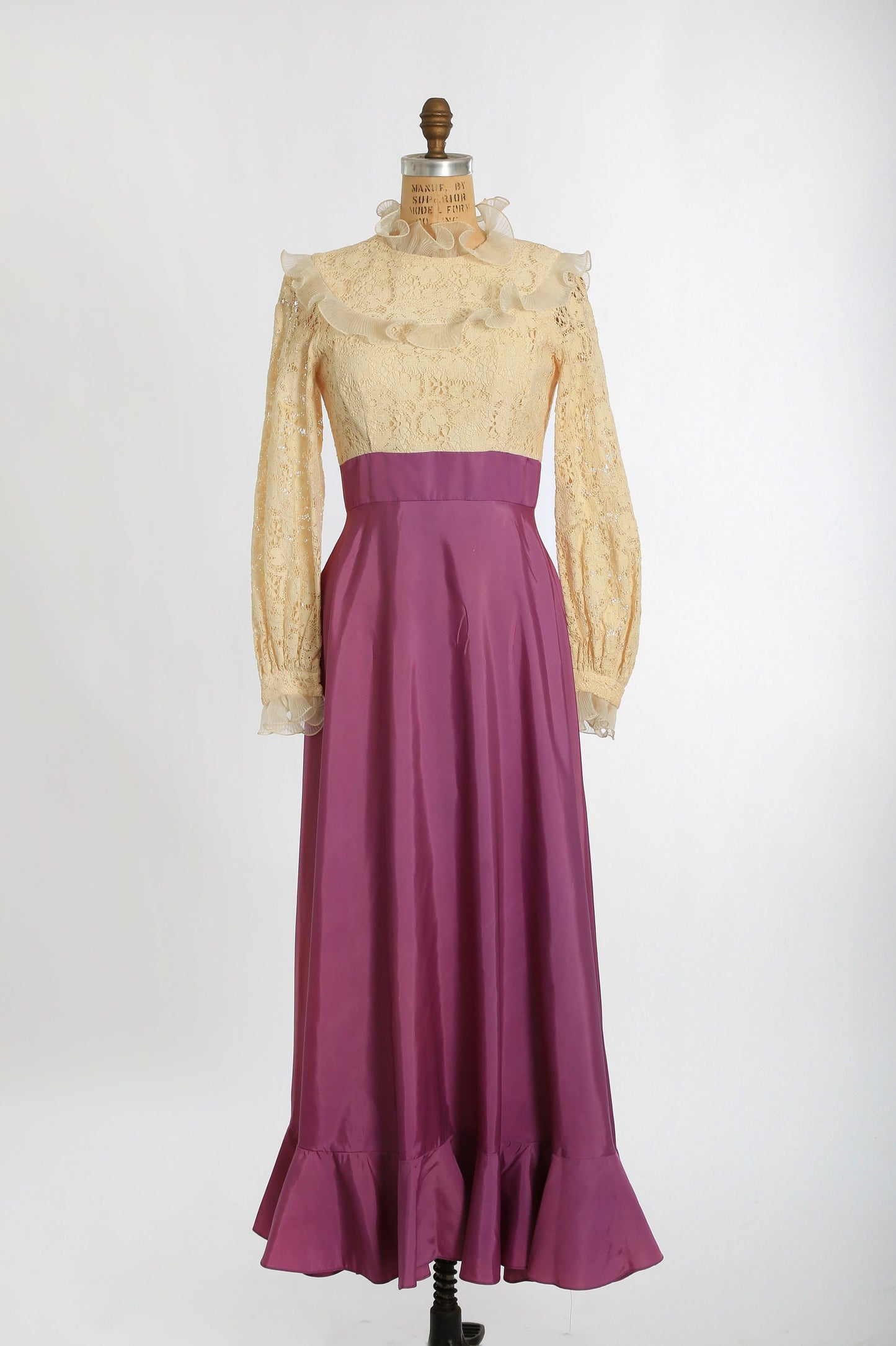 Vintage 70s ivory crochet lace purple ruffle Maxi dress