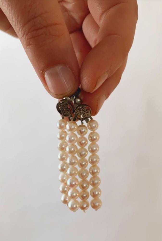 Vintage Ty Lee sterling Silver Chinese Pearl dangle earrings