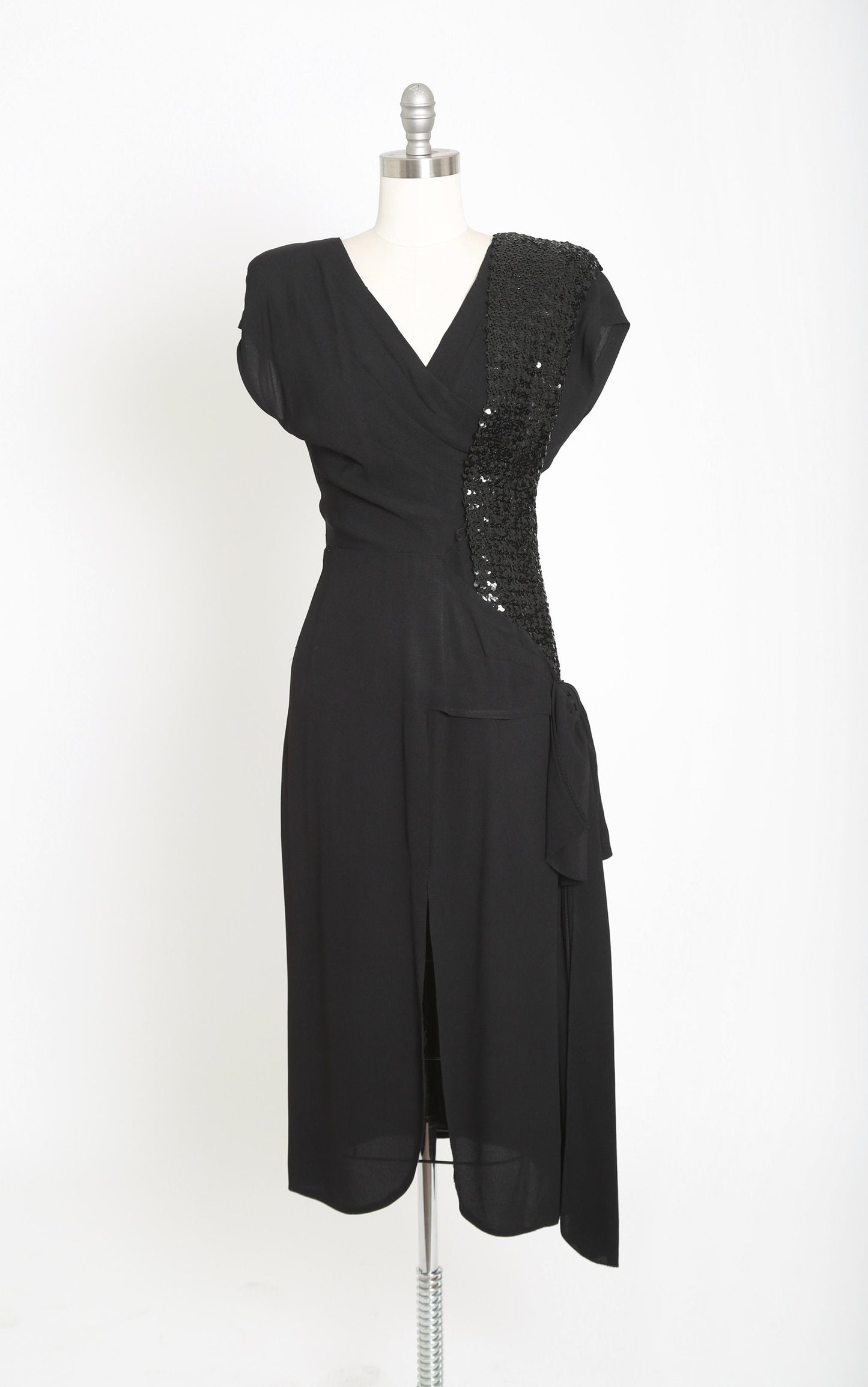 40s sequin dress | Vintage 1940s black crepe sequin bow dress