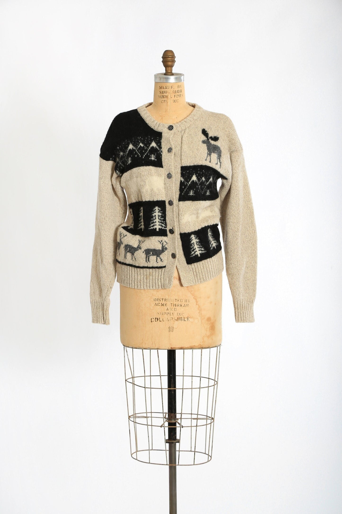 Woodland knit sweater | Vintage 80s Eddie Bauer Snowflake moose red wool blend Christmas cardigan sweater