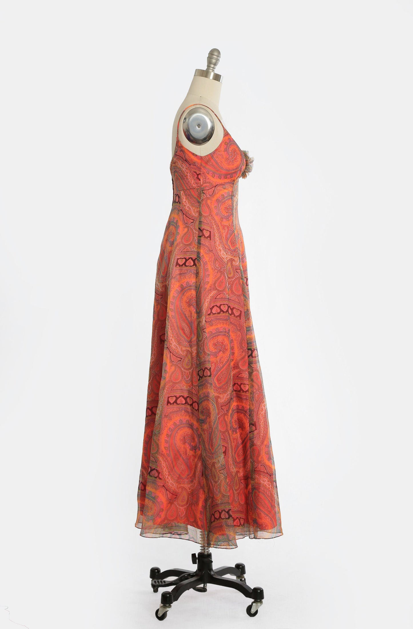 Vintage 70s psychedelic chiffon orange paisley maxi dress