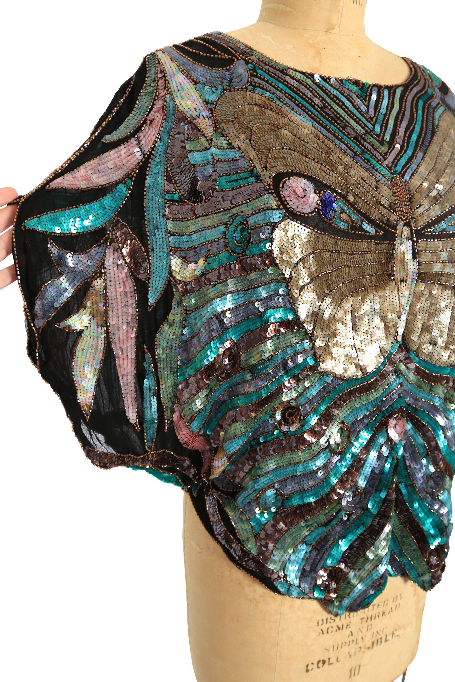 Butterfly silk blouse | Vintage 70s beaded sequin butterfly face blouse