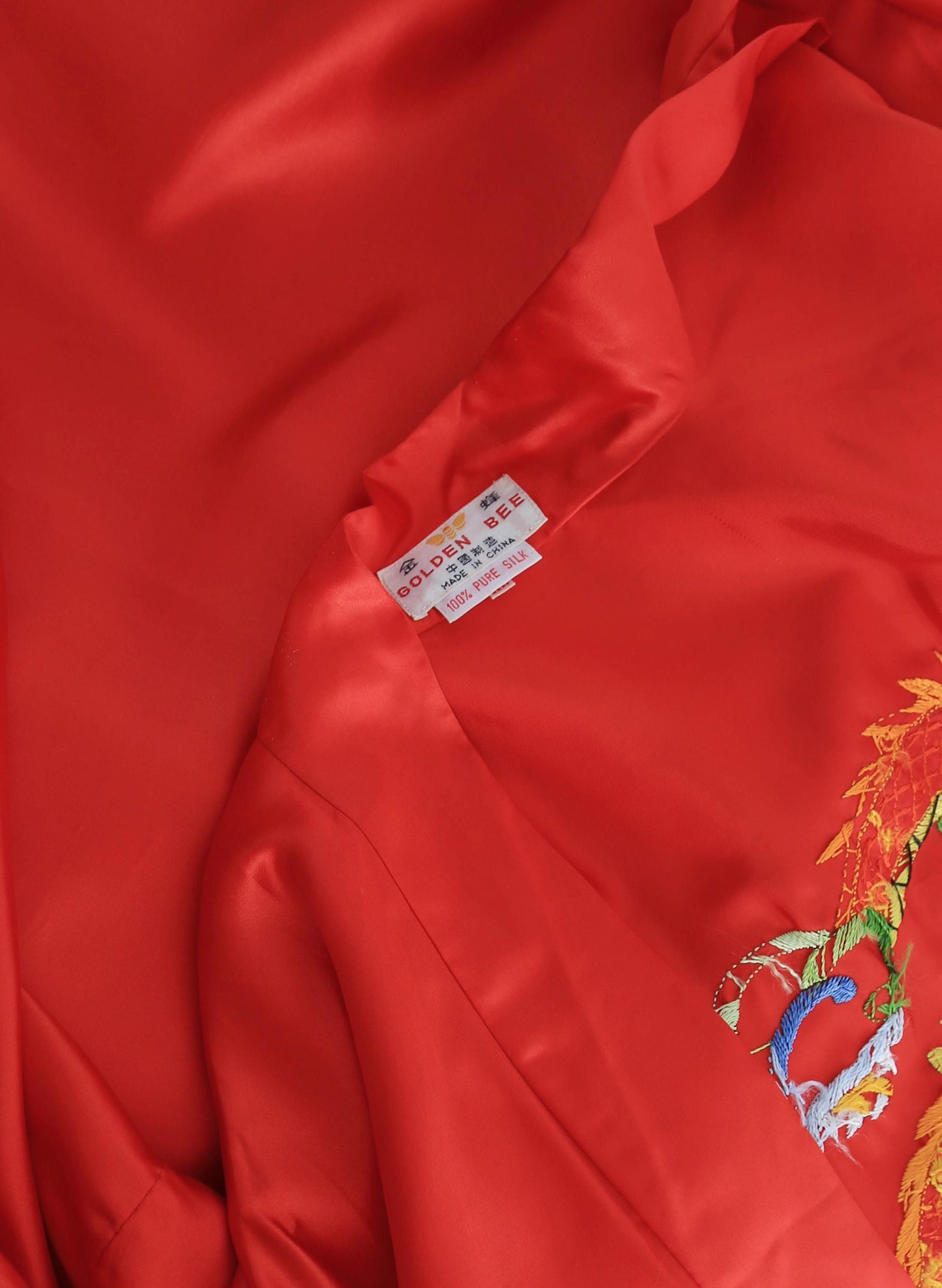 Golden Bee silk robe | Vintage Chinese hand embroidered Red purse silk dragon robe