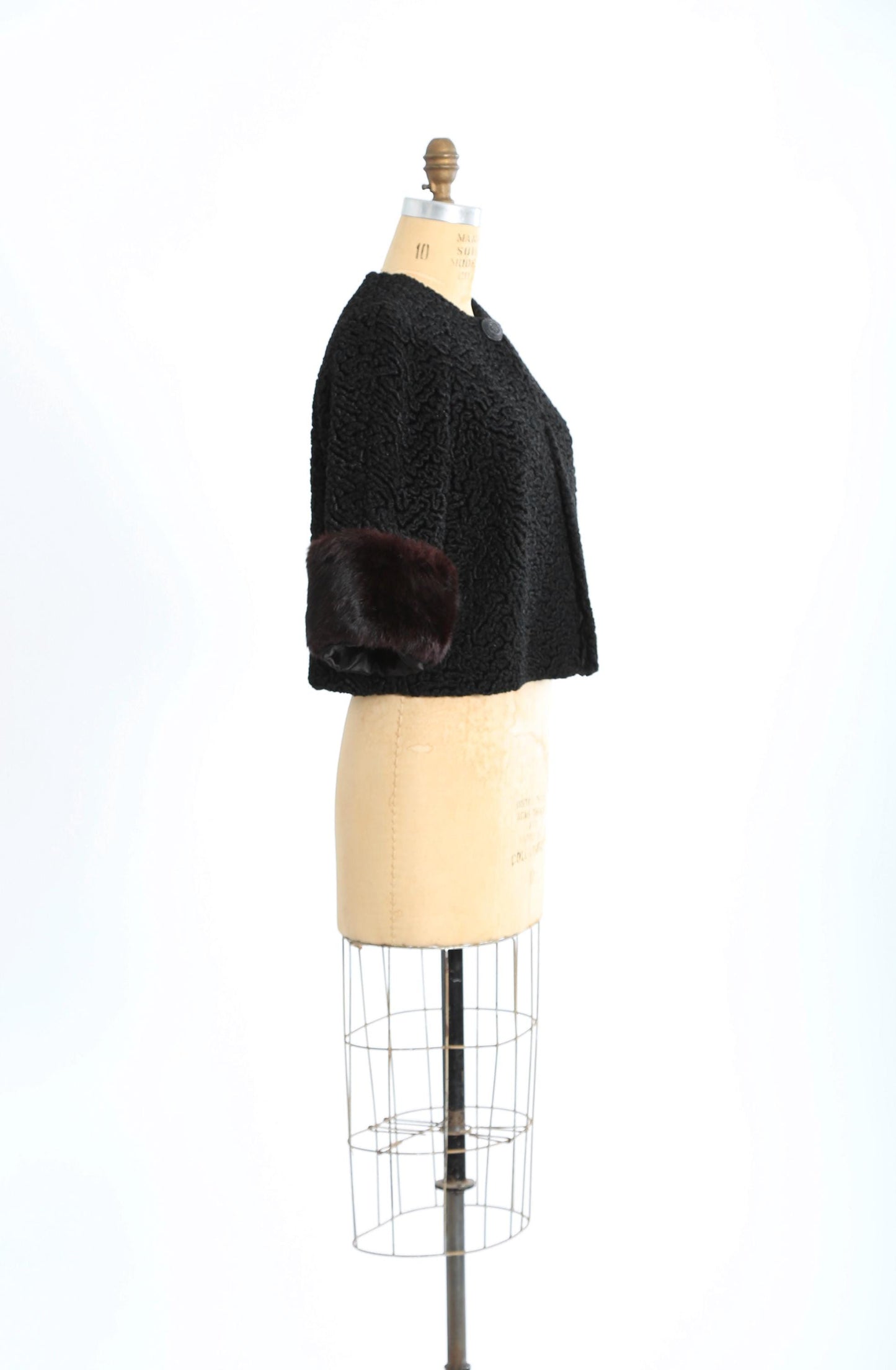 50s faux Persian lamb rabbit fur coat | Vintage 1950s cropped black faux Persian curly Lamb coat + large rabbit fur cuffs