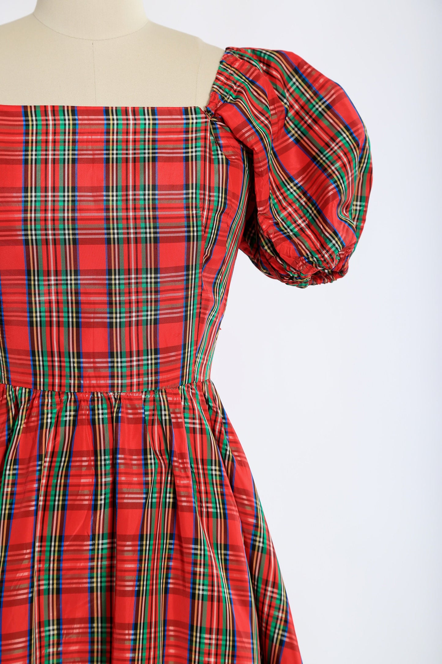 Vintage 80s Red plaid puff sleeve satin dress