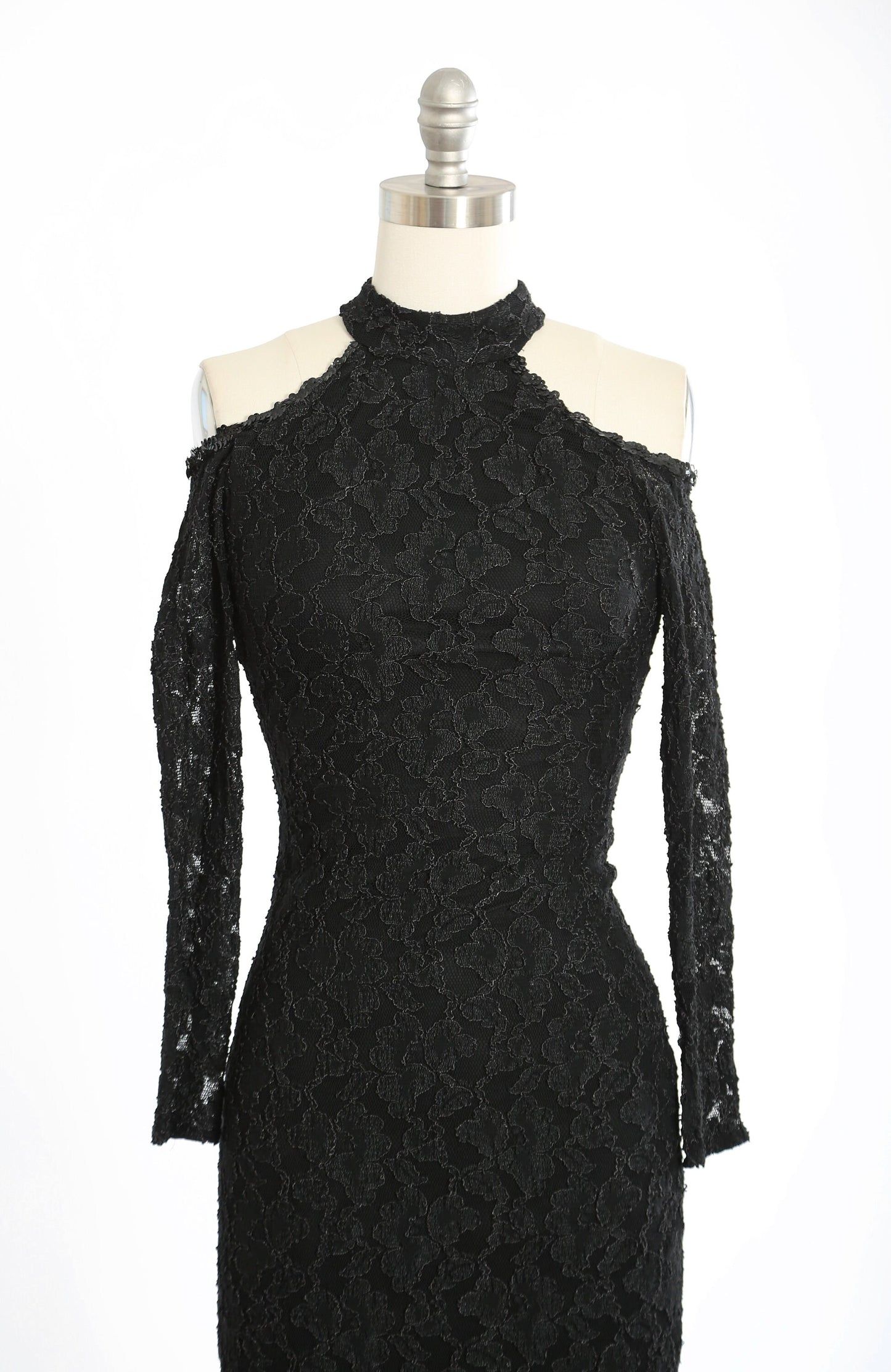 Vintage 80s black lace sequin bodycon maxi dress
