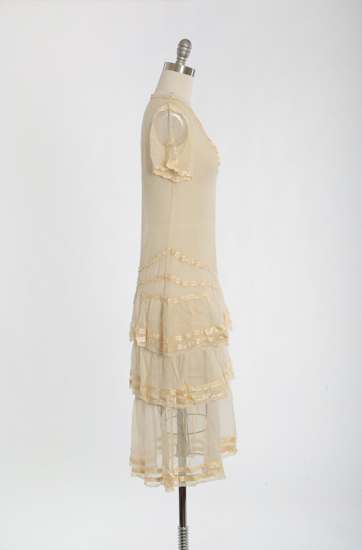 Antique Vintage 1920s ivory silk ribbon tiered drop waist dress