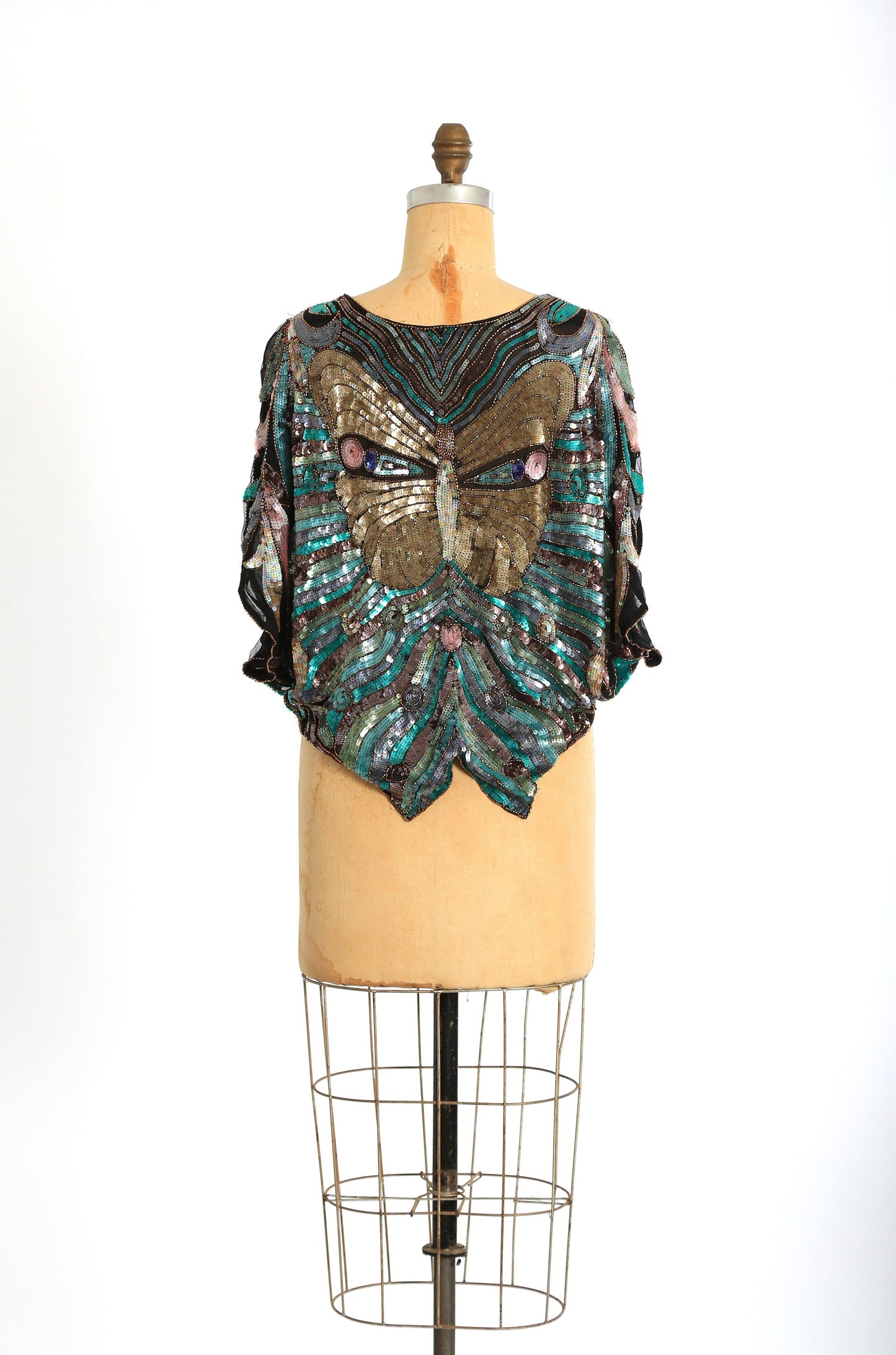 Butterfly silk blouse | Vintage 70s beaded sequin butterfly face blouse