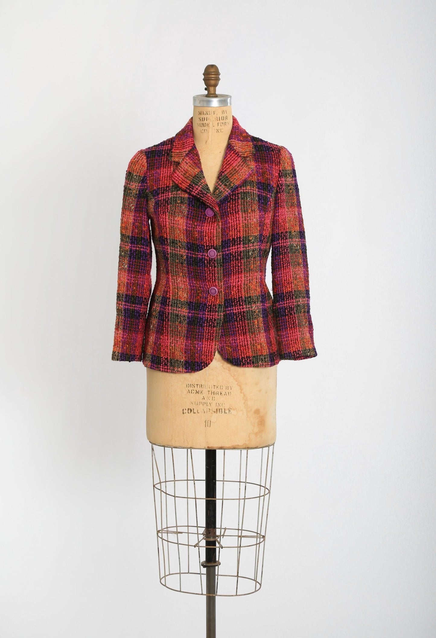 Vintage 70s Pink plaid Scottish wool blazer jacket