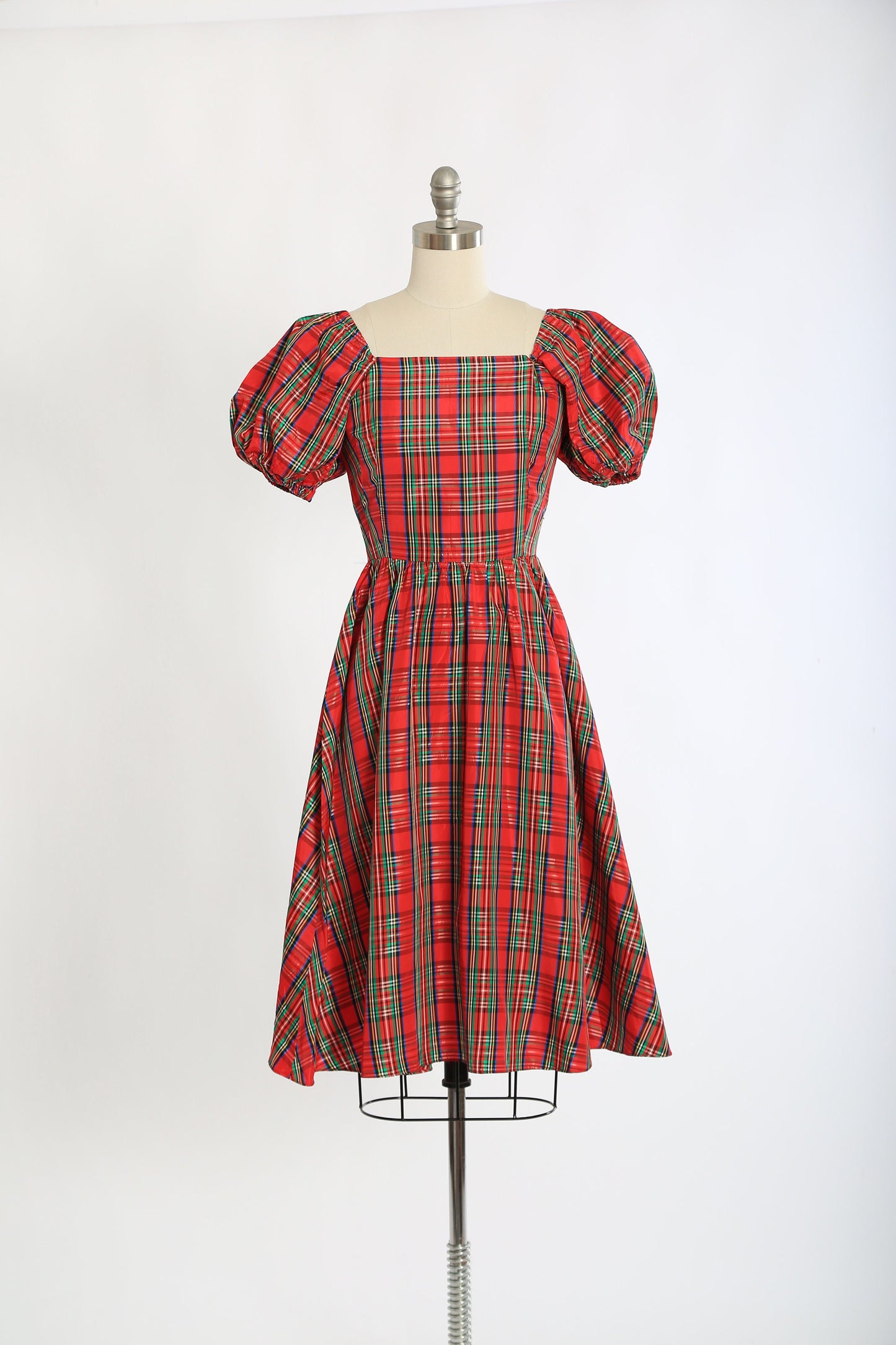 Vintage 80s Red plaid puff sleeve satin dress