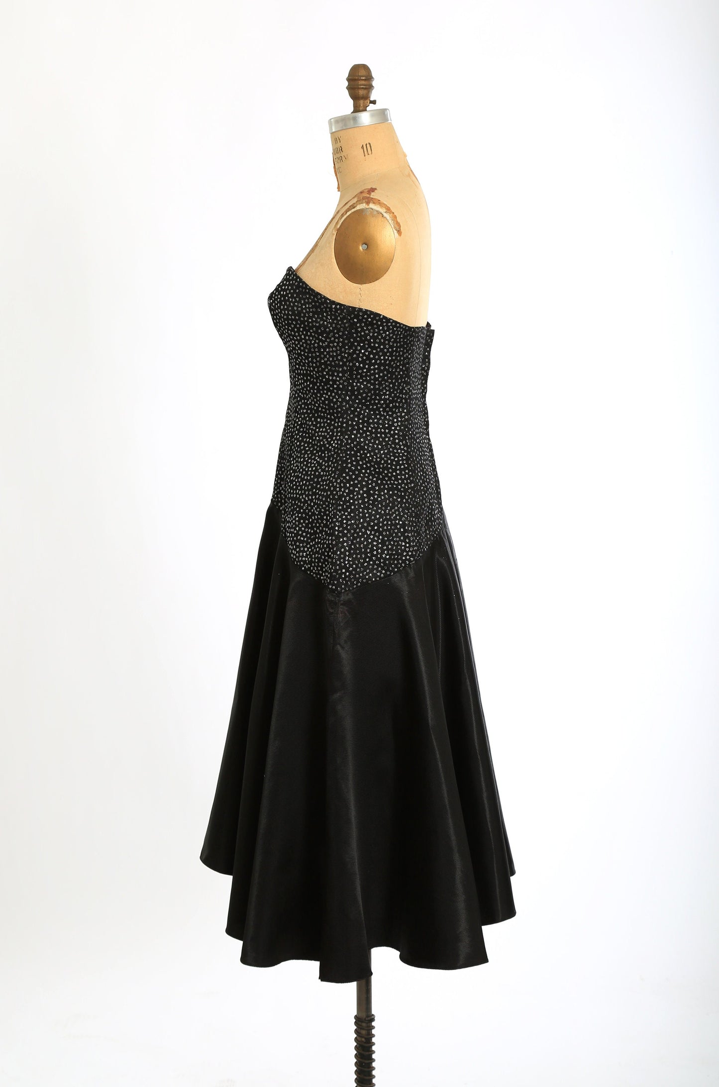Vintage 90s does 50s black glitter asymmetrical satin cocktail dress