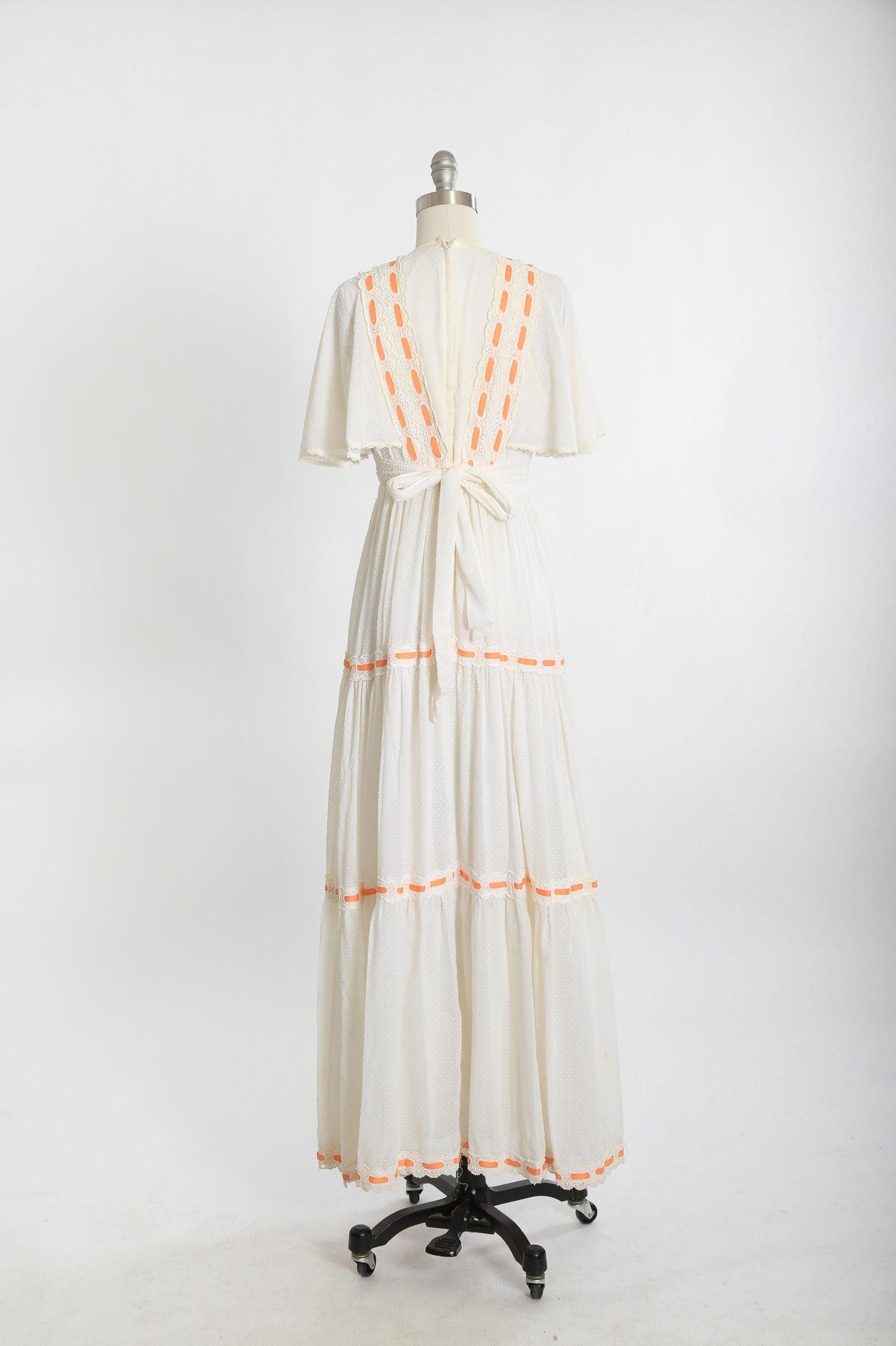 Vintage 70s white cotton Swiss got orange maxi dress