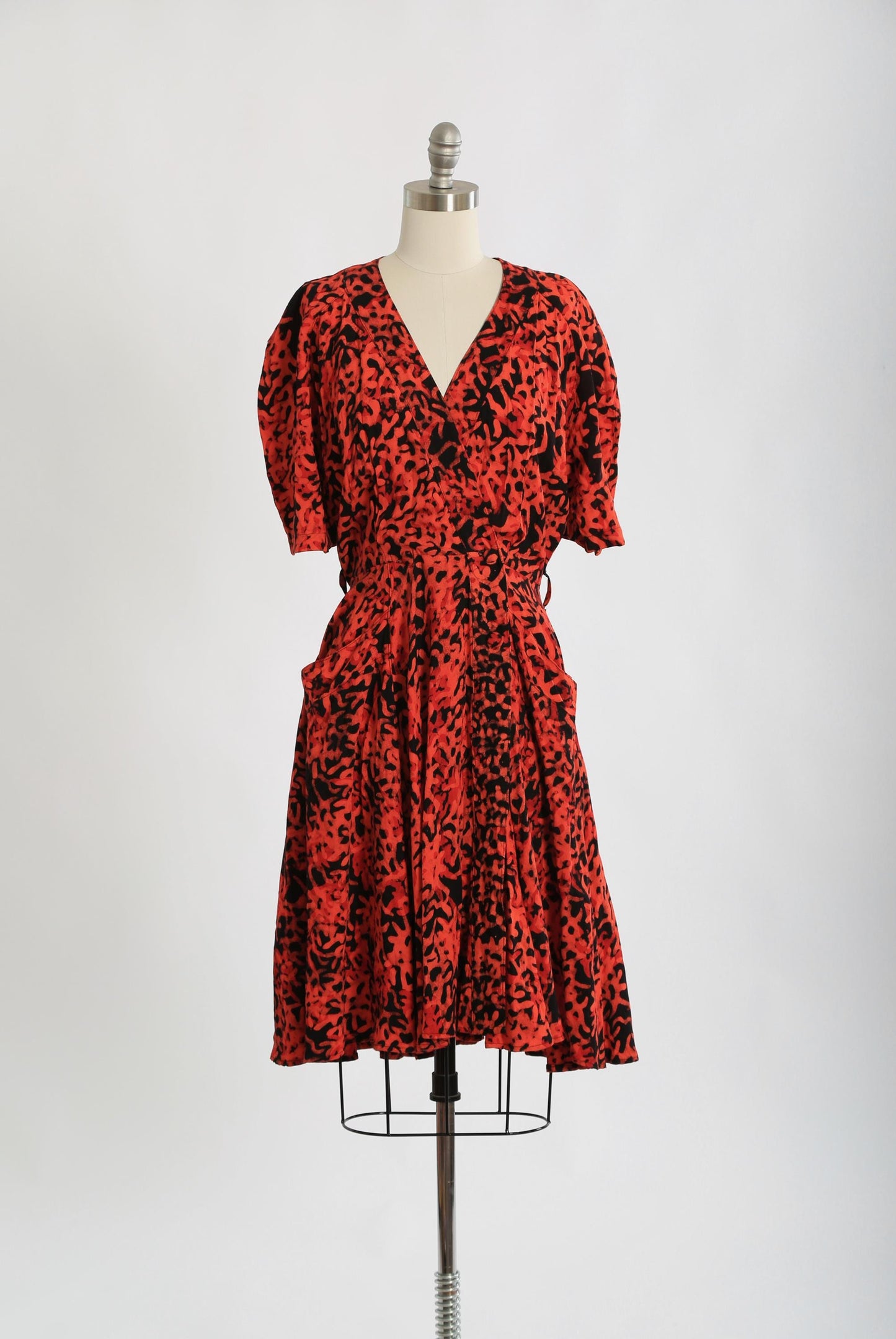 80s Coral hand stamped batik tropical wrap dress