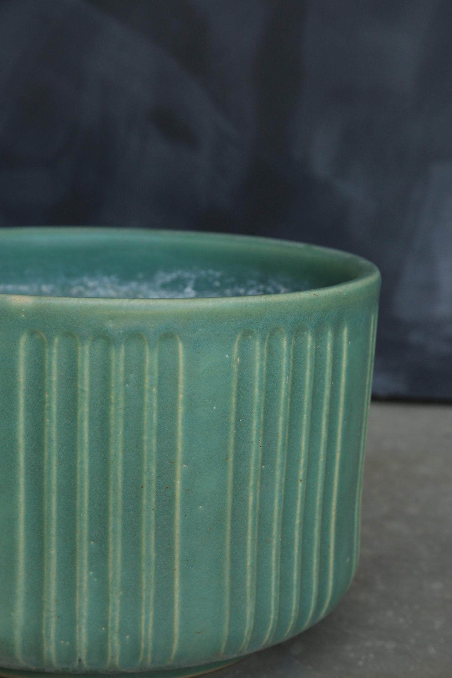 Vintage Mid Century Modern matte green ribbed California pottery ceramic planter pot