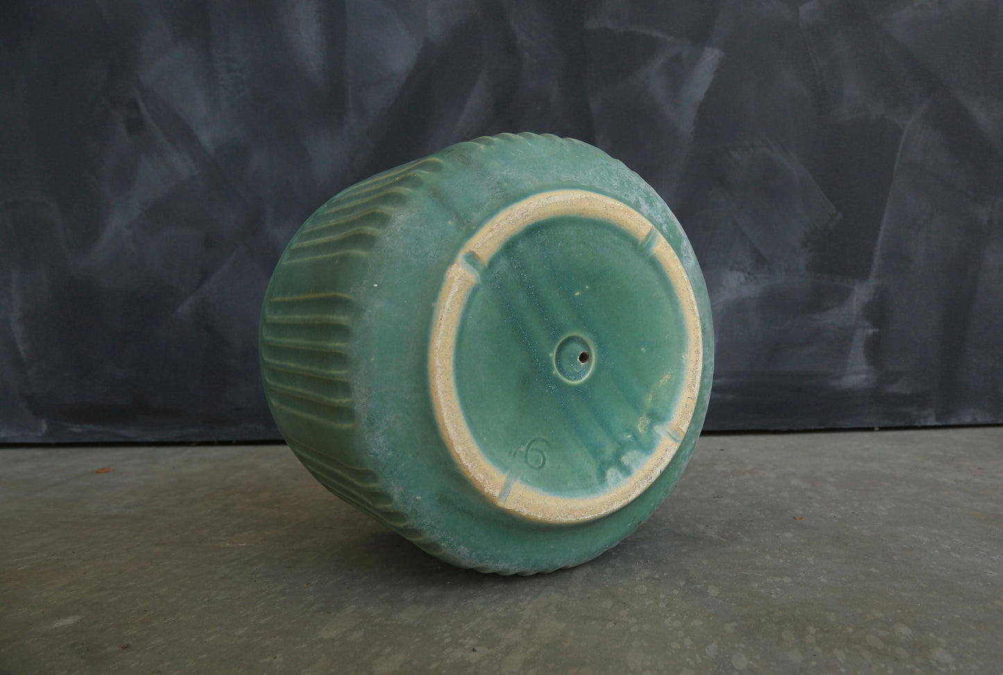 Vintage Mid Century Modern matte green ribbed California pottery ceramic planter pot