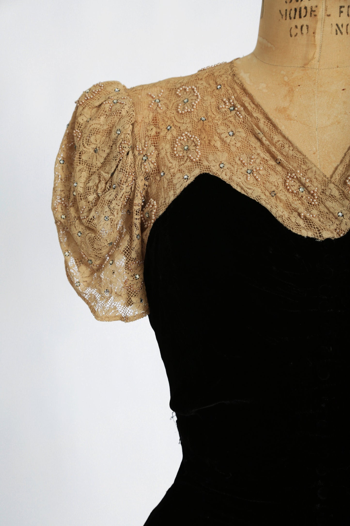 Antique Vintage 1930s black velvet floral rhinestone lace dress