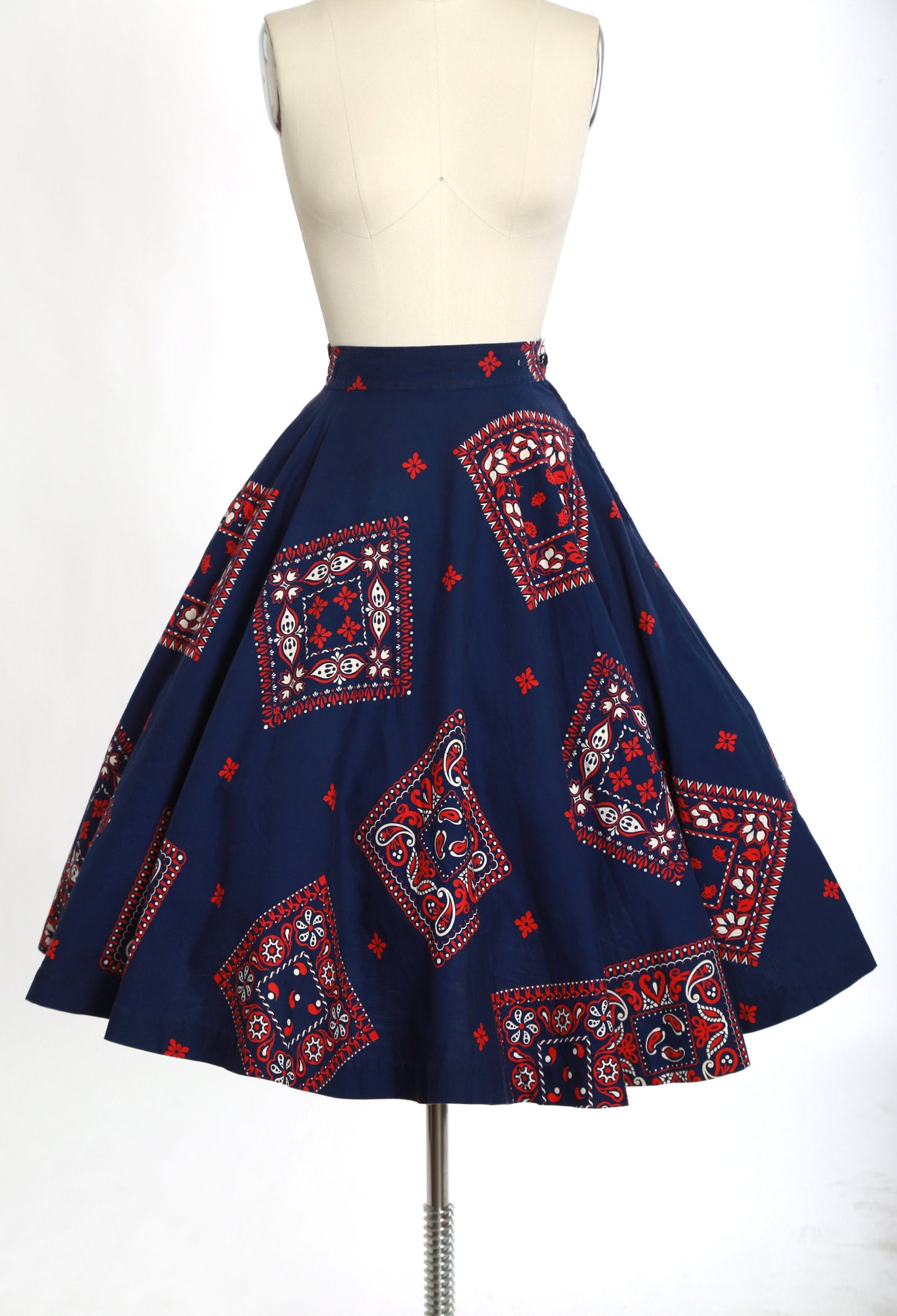 Vintage 1950s I. Magnin red, white & blue bandana print cotton circle skirt