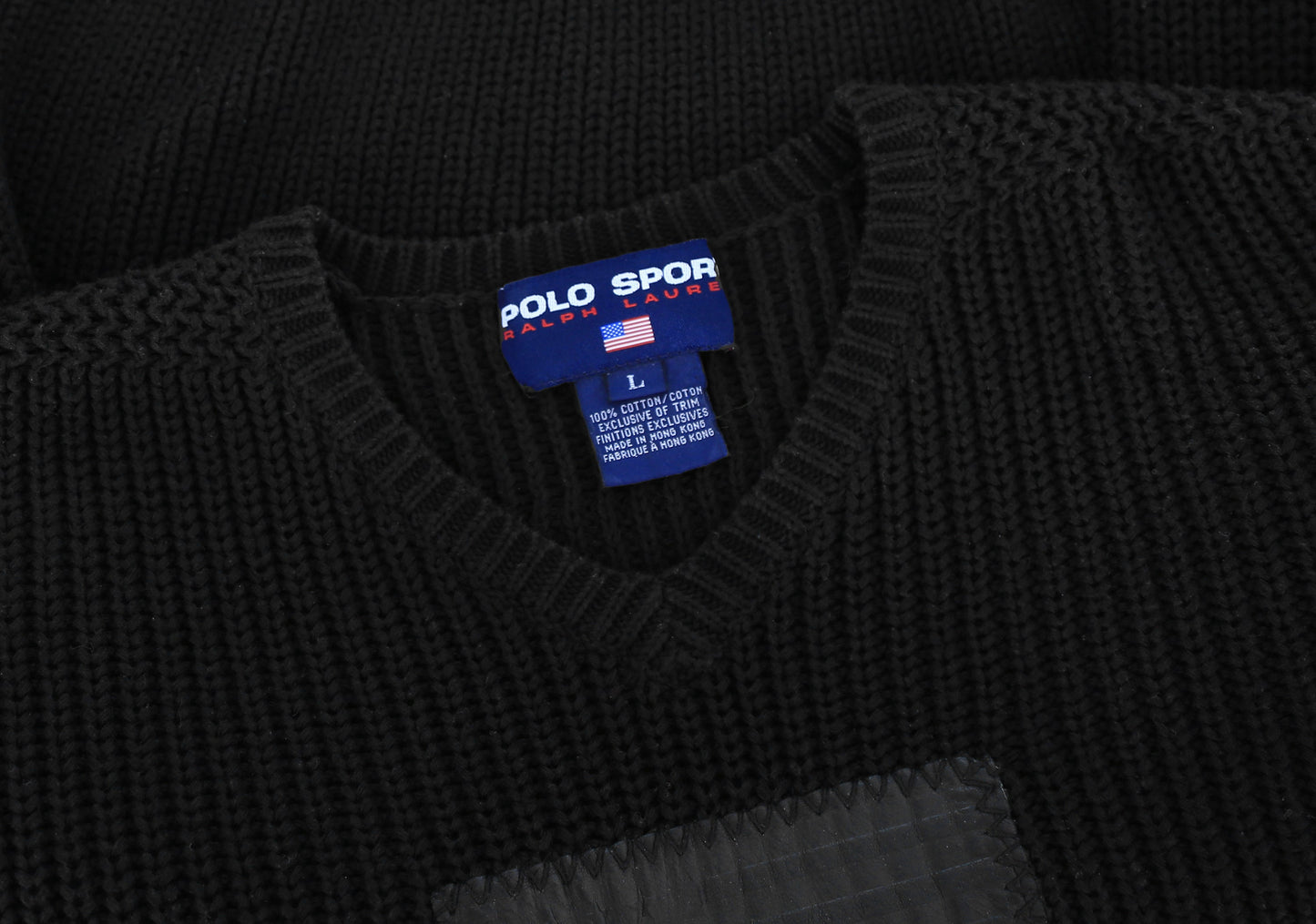 Vintage 90s Polo Sport Ralph Lauren leather American flag knit cotton sweater | Polo Black flag sweater