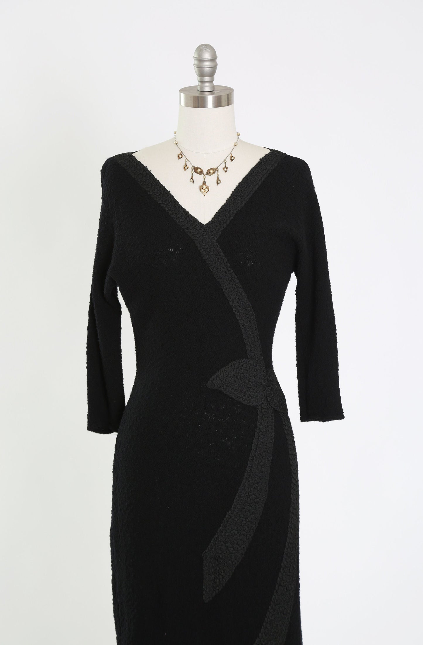 Vintage 40s black knit dress | 1940s crochet ribbon dress