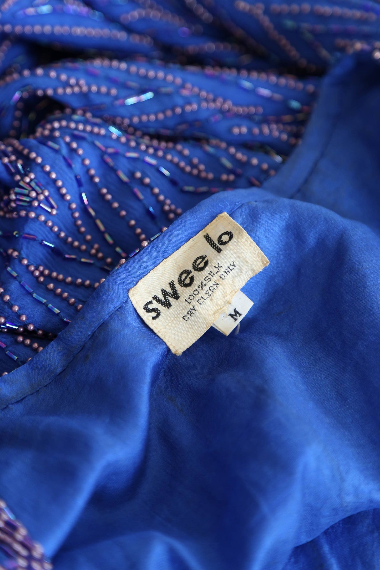 Vintage 70s blue beaded silk dress | 1970s 3pc beaded cocktail dress