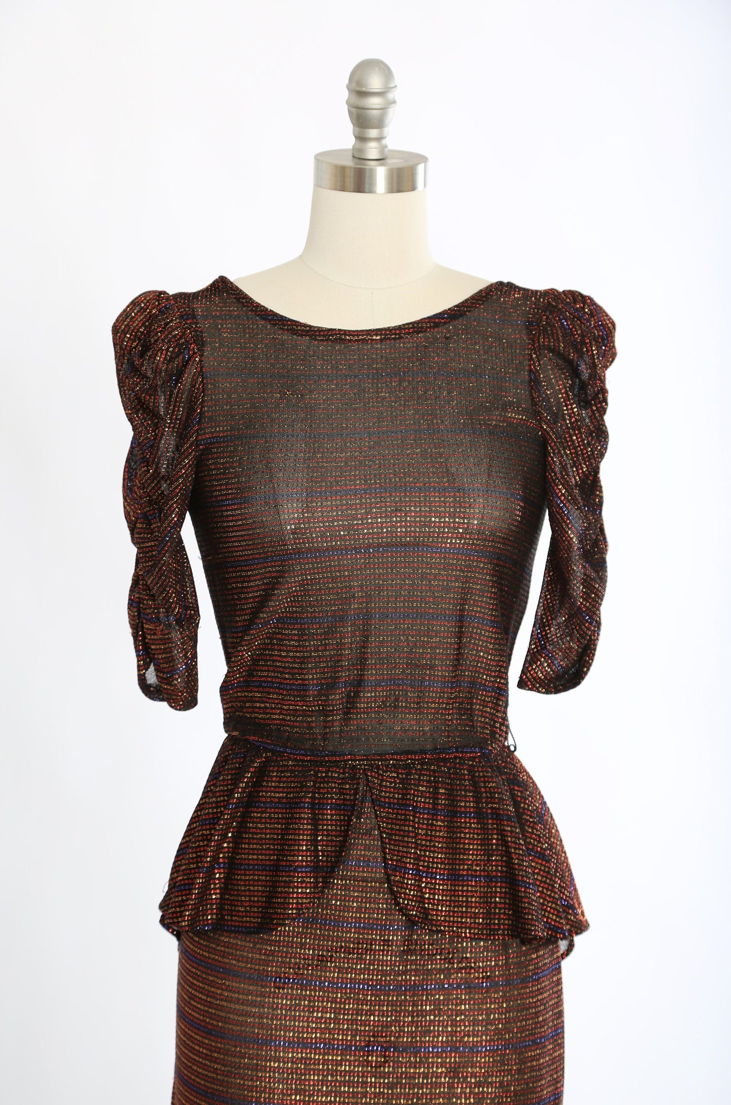 Vintage 70s semi sheer striped lurex peplum dress