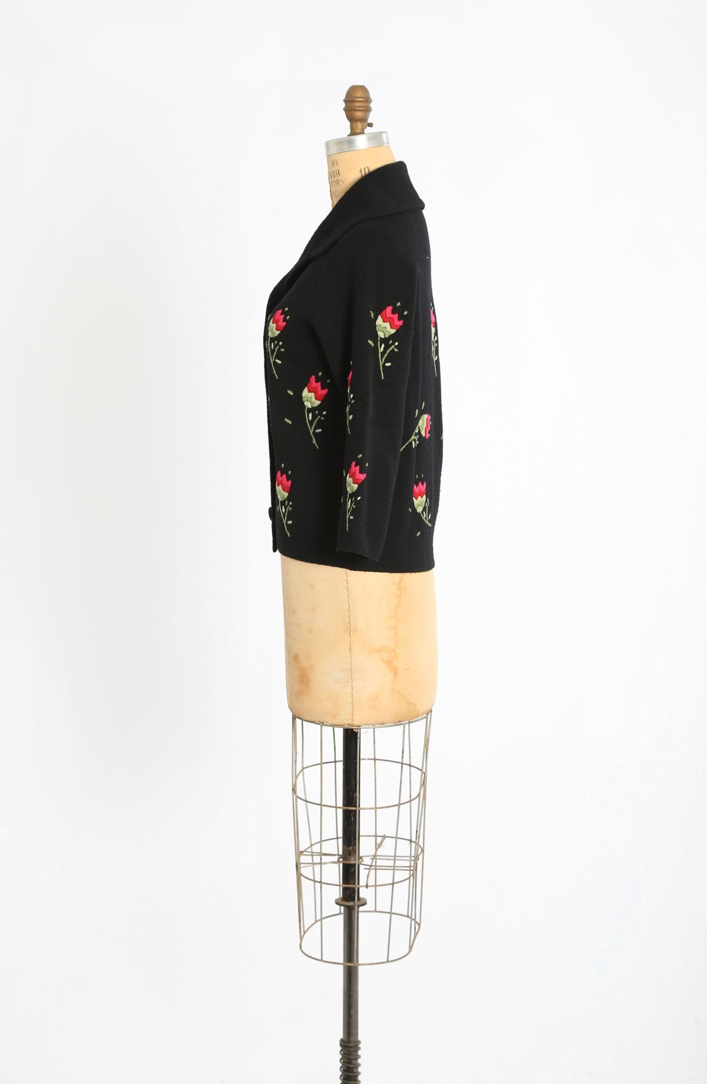 60s Italian black floral knit cardigan | Vintage 1960s Embroidered floral tulip cardigan